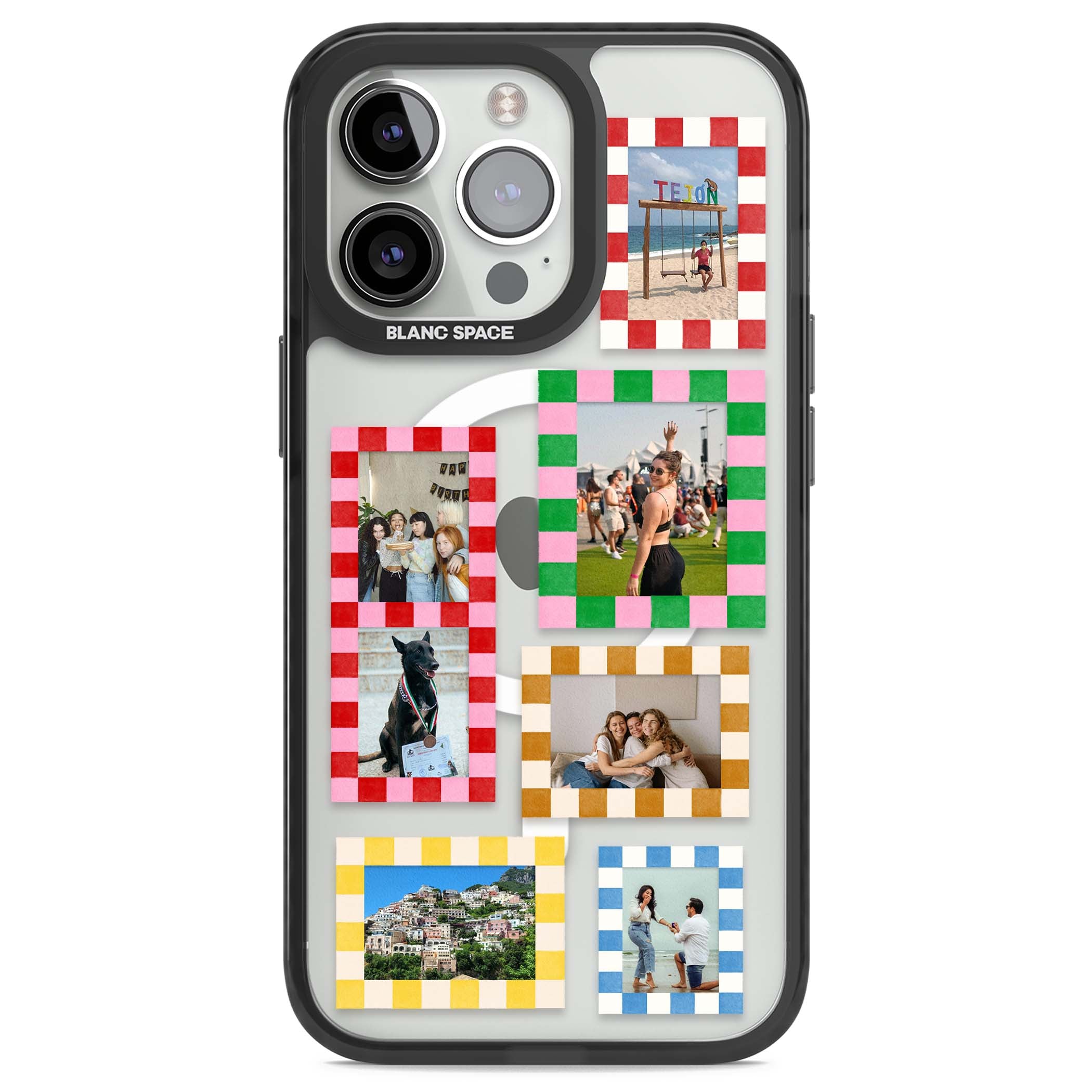 Italian Check Frames custom photo collage iPhone case featuring six checkered photo frames in red, green, pink and  | Black Impact Magsafe case for iPhone 13 Pro, iPhone 14 Pro, iPhone 15 Pro