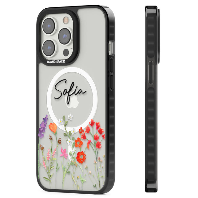 Personalised Spring Wildflowers Magsafe Black Impact Phone Case for iPhone 13 Pro, iPhone 14 Pro, iPhone 15 Pro