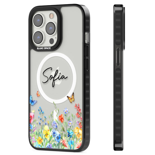 Personalised Buterflies & Wildflowers Magsafe Black Impact Phone Case for iPhone 13 Pro, iPhone 14 Pro, iPhone 15 Pro