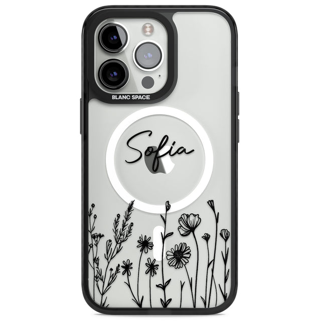 Personalised Black Wildflowers Magsafe Black Impact Phone Case for iPhone 13 Pro, iPhone 14 Pro, iPhone 15 Pro