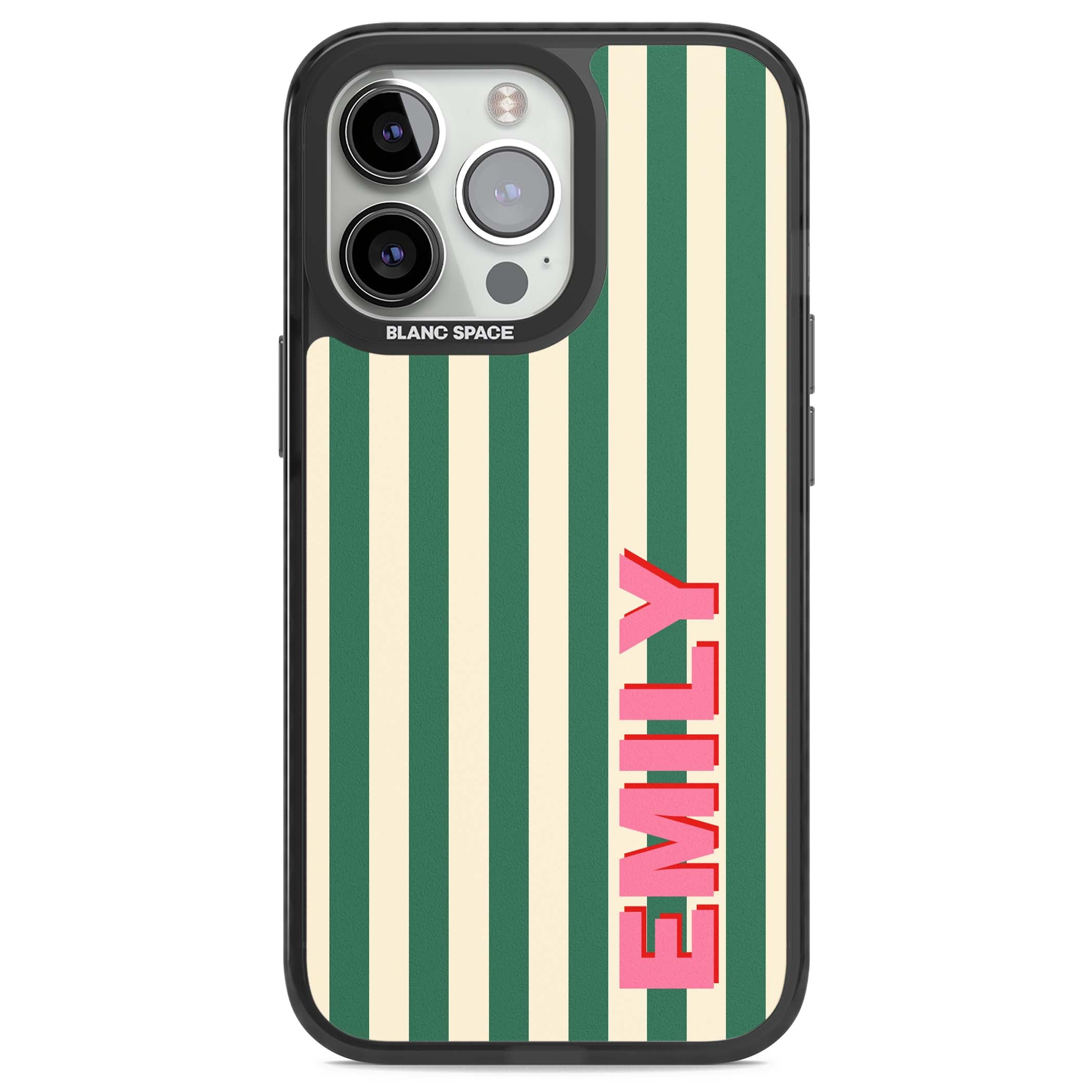 Wimbledon Stripe preppy iPhone case featuring green and cream vertical stripes with a personalised pink name | Black Impact Magsafe case for iPhone 13 Pro, iPhone 14 Pro, iPhone 15 Pro