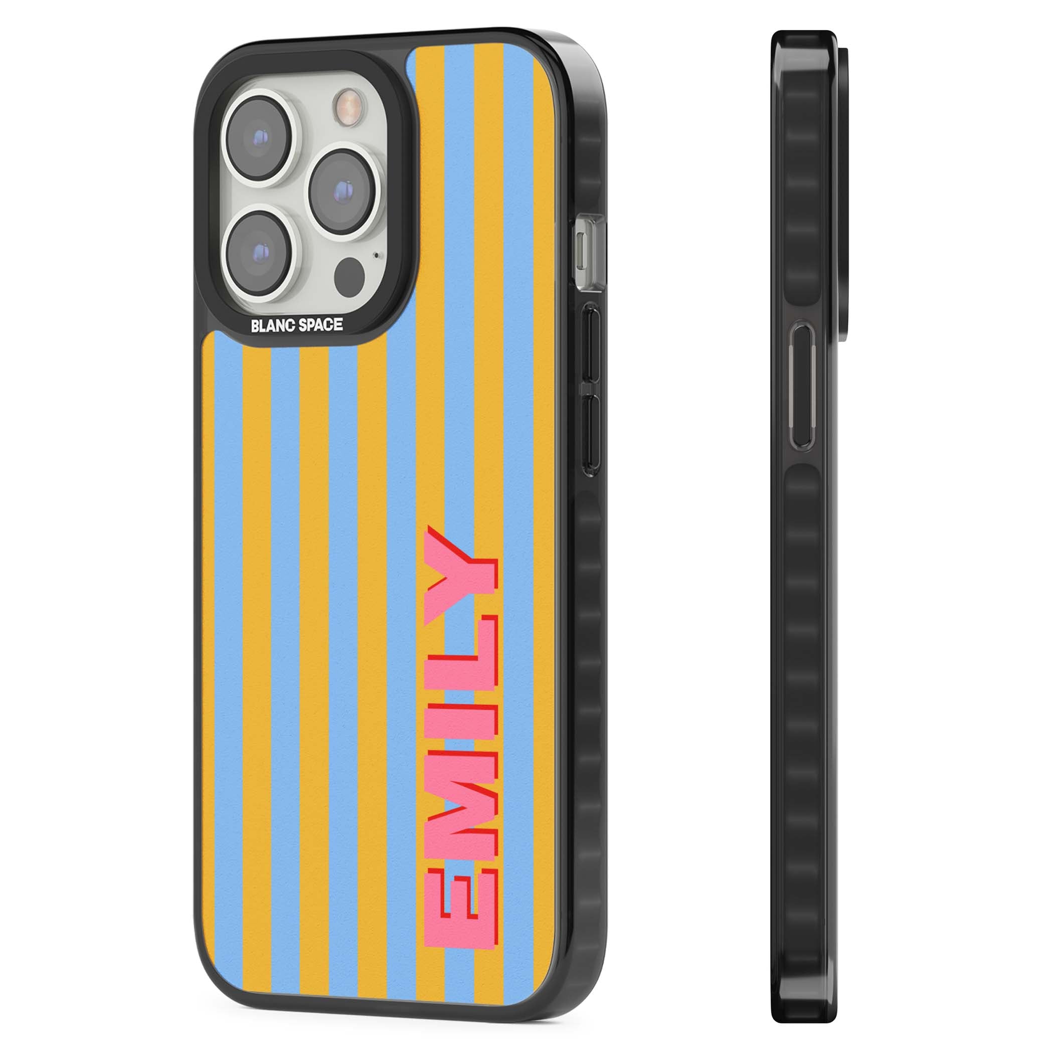 Carribean Stripe personalised coastal iPhone case with yellow and blue vertical stripes and a custom pink name | Black Impact Magsafe case for iPhone 13 Pro, iPhone 14 Pro, iPhone 15 Pro