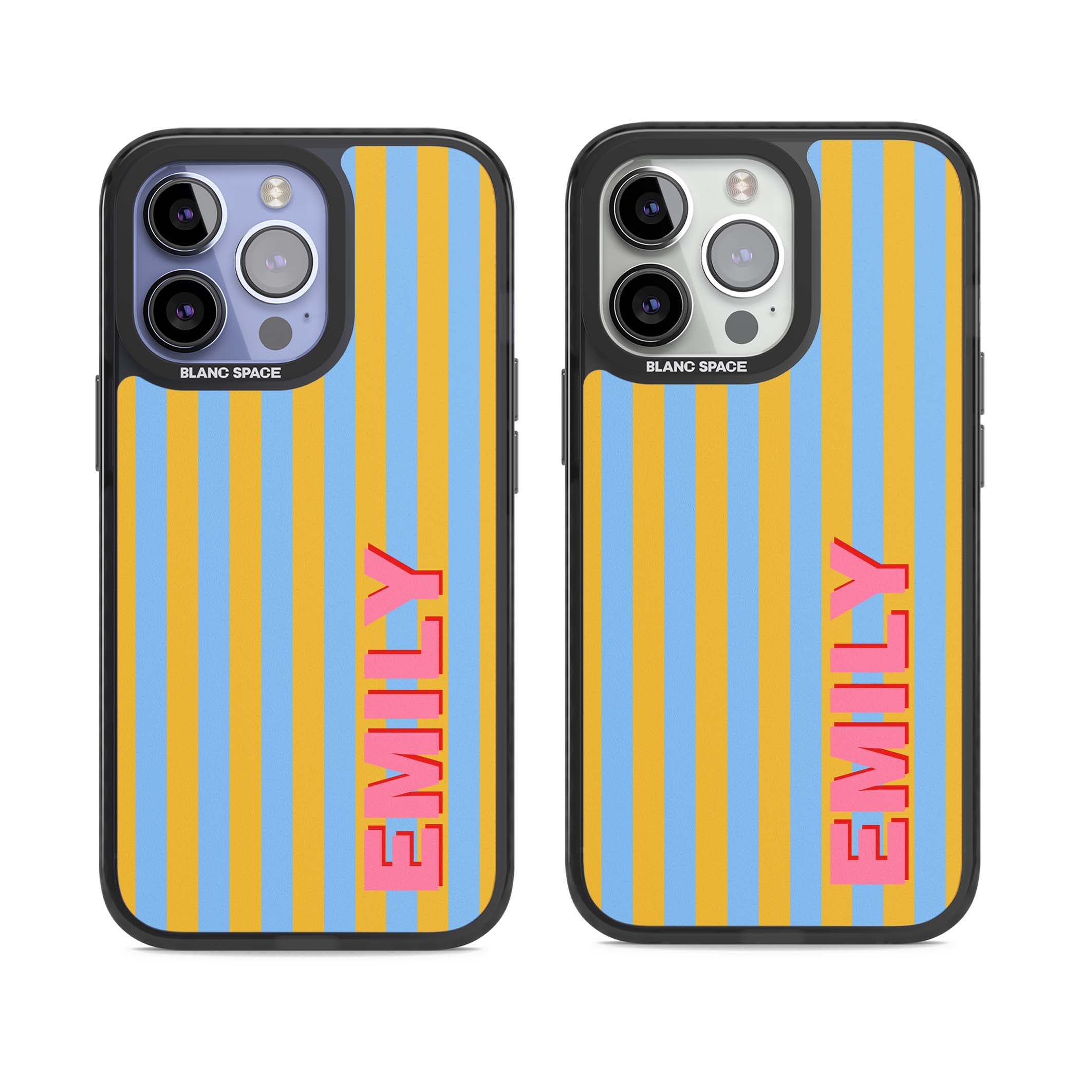 Carribean Stripe personalised coastal iPhone case with yellow and blue vertical stripes and a custom pink name | Black Impact Magsafe case for iPhone 13 Pro, iPhone 14 Pro, iPhone 15 Pro