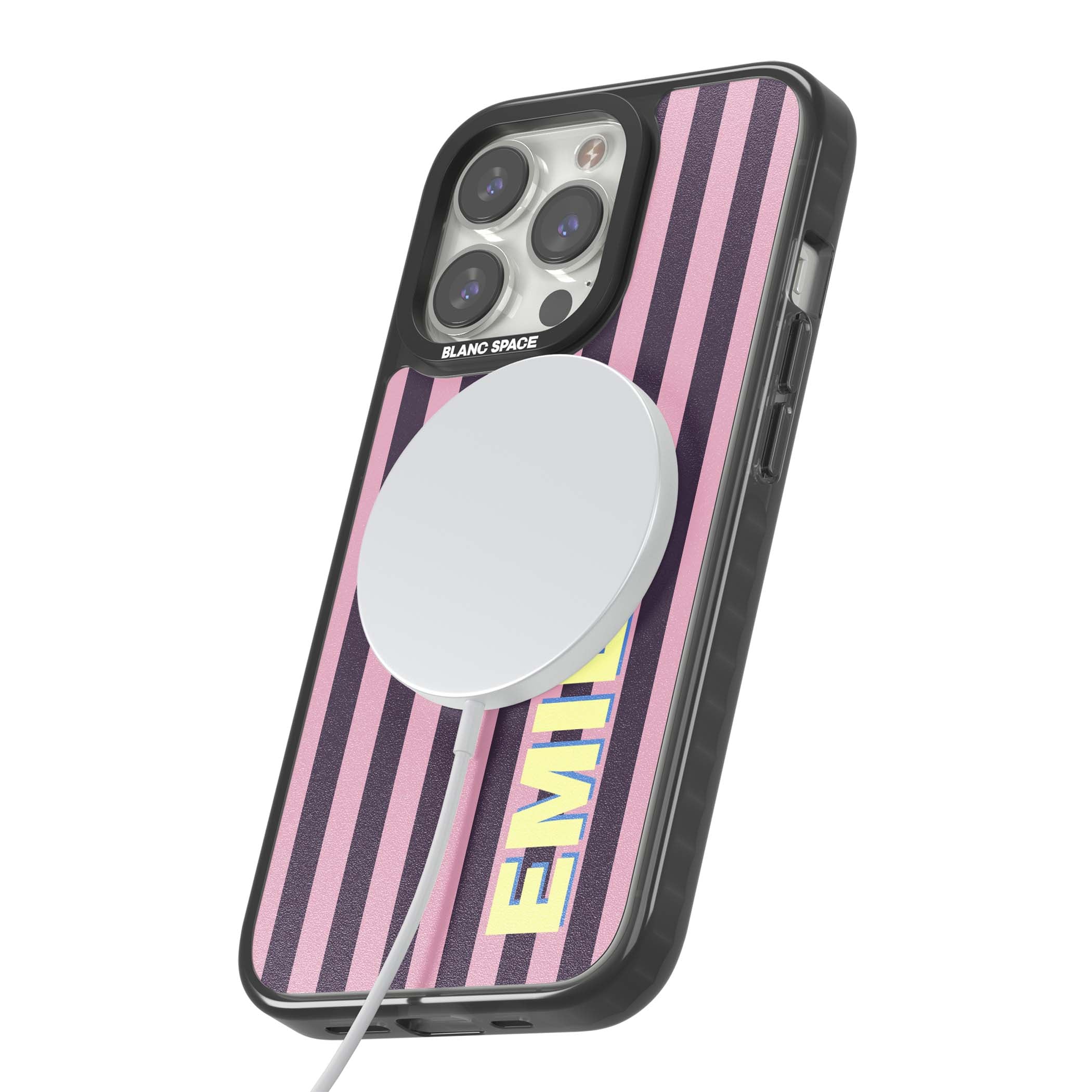 Tyre Stripe personalised stripe iPhone case with plum and pink vertical stripes and custom yellow name | Black Impact Magsafe case for iPhone 13 Pro, iPhone 14 Pro, iPhone 15 Pro