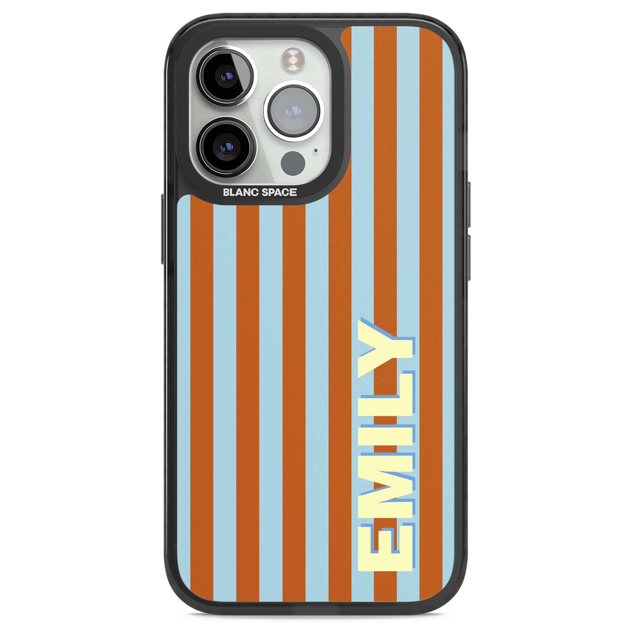 Cappadocia Stripe personalised coastal iPhone case featuring blue and orange vertical stripes with custom cream name | Black Impact Magsafe case for iPhone 13 Pro, iPhone 14 Pro, iPhone 15 Pro