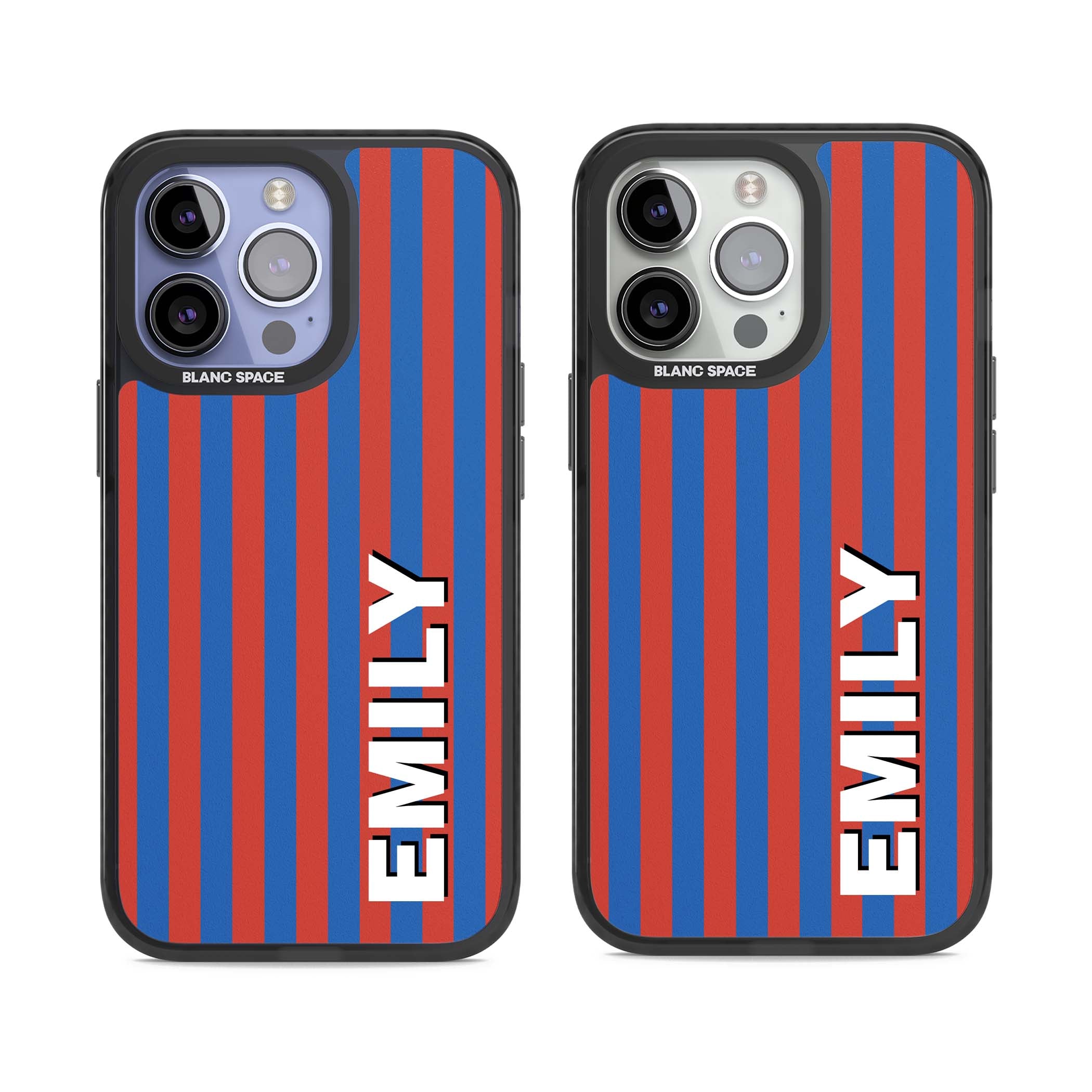 Cuban Stripe personalised iPhone case featuring red and blue vertical stripes with custom name in bold white letters | Black Impact Magsafe case for iPhone 13 Pro, iPhone 14 Pro, iPhone 15 Pro