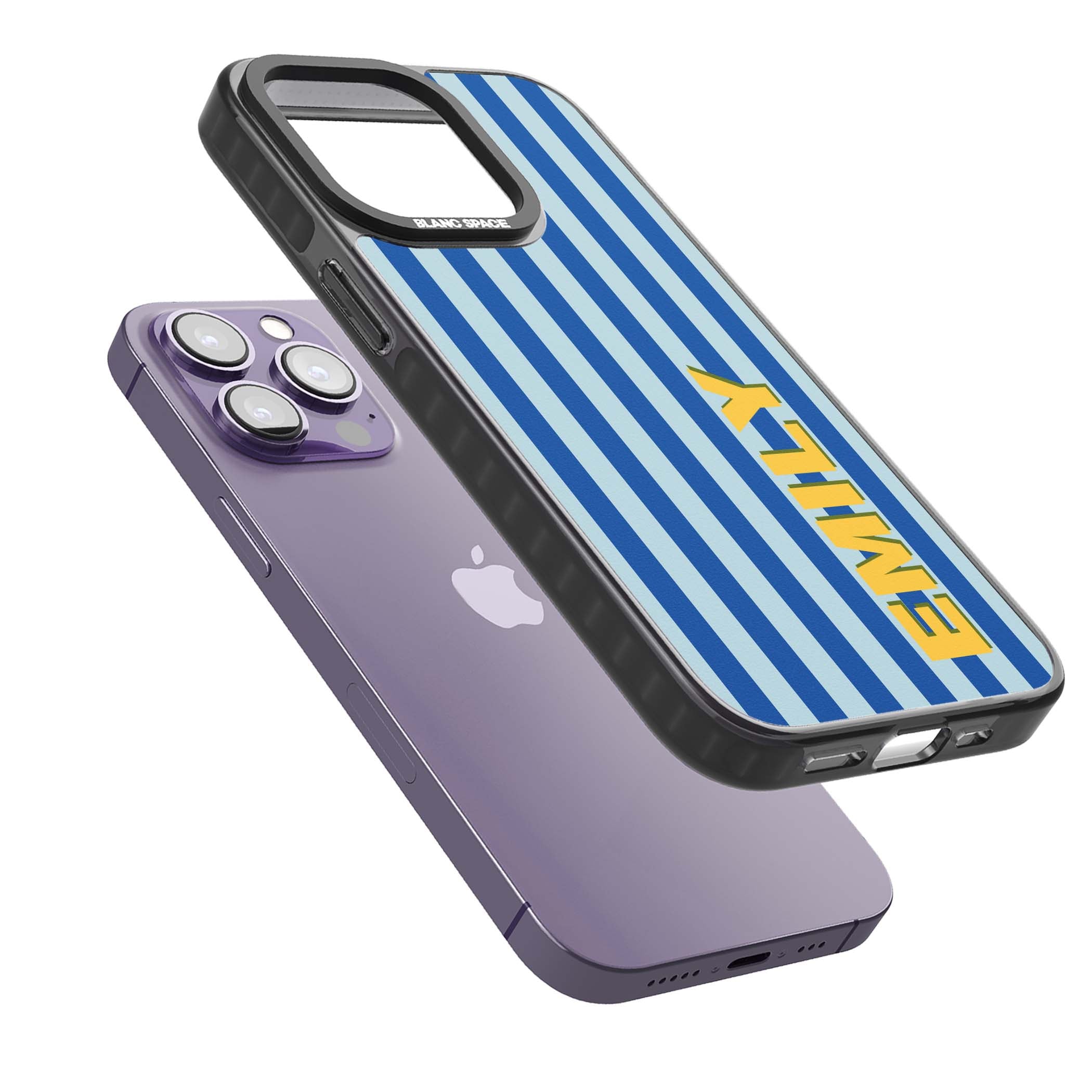 Athenian Stripe personalised preppy iPhone case featuring blue vertical stripes and a custom yellow name | Black Impact Magsafe case for iPhone 13 Pro, iPhone 14 Pro, iPhone 15 Pro