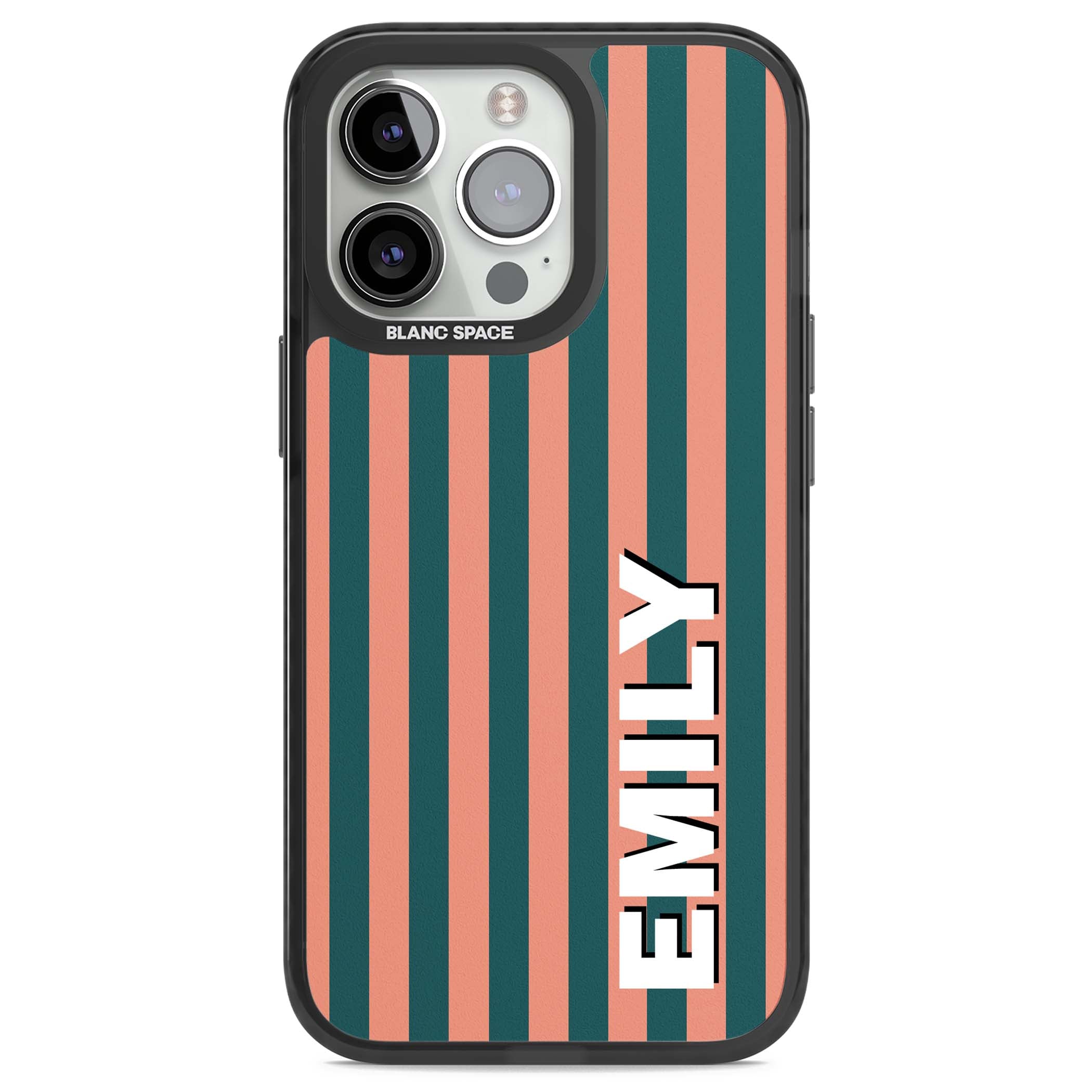 Tuscan Stripe personalised iPhone case featuring coral and green vertical stripes with bold custom name | Black Impact Magsafe case for iPhone 13 Pro, iPhone 14 Pro, iPhone 15 Pro
