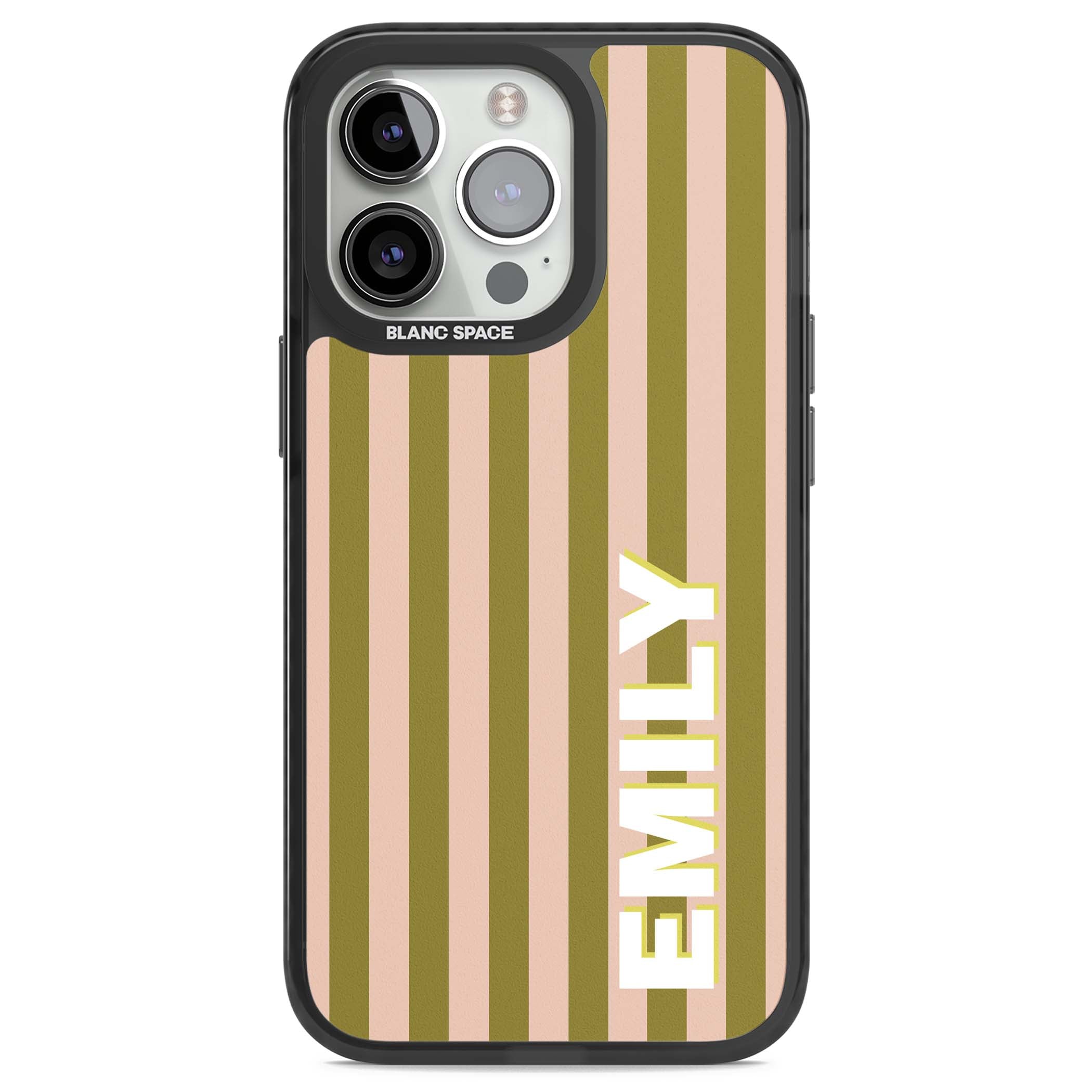 Indian Stripe personalised iPhone case featuring olive green and blush pink vertical stripes with custom name in whit | Black Impact Magsafe case for iPhone 13 Pro, iPhone 14 Pro, iPhone 15 Pro