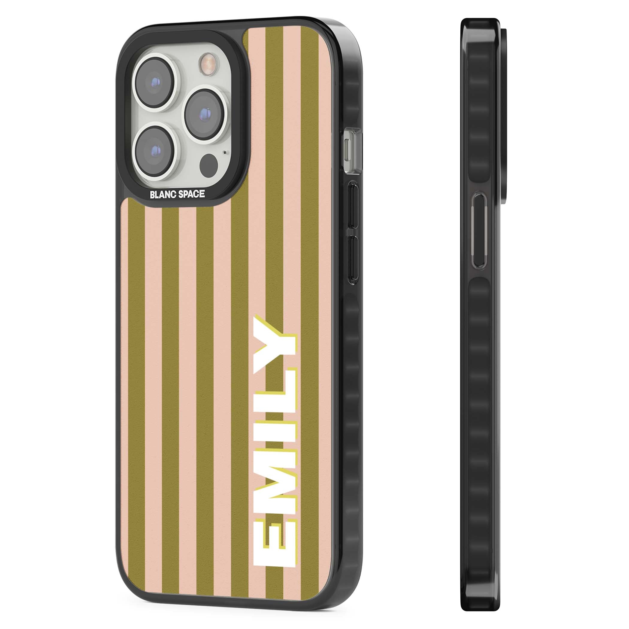 Indian Stripe personalised iPhone case featuring olive green and blush pink vertical stripes with custom name in whit | Black Impact Magsafe case for iPhone 13 Pro, iPhone 14 Pro, iPhone 15 Pro