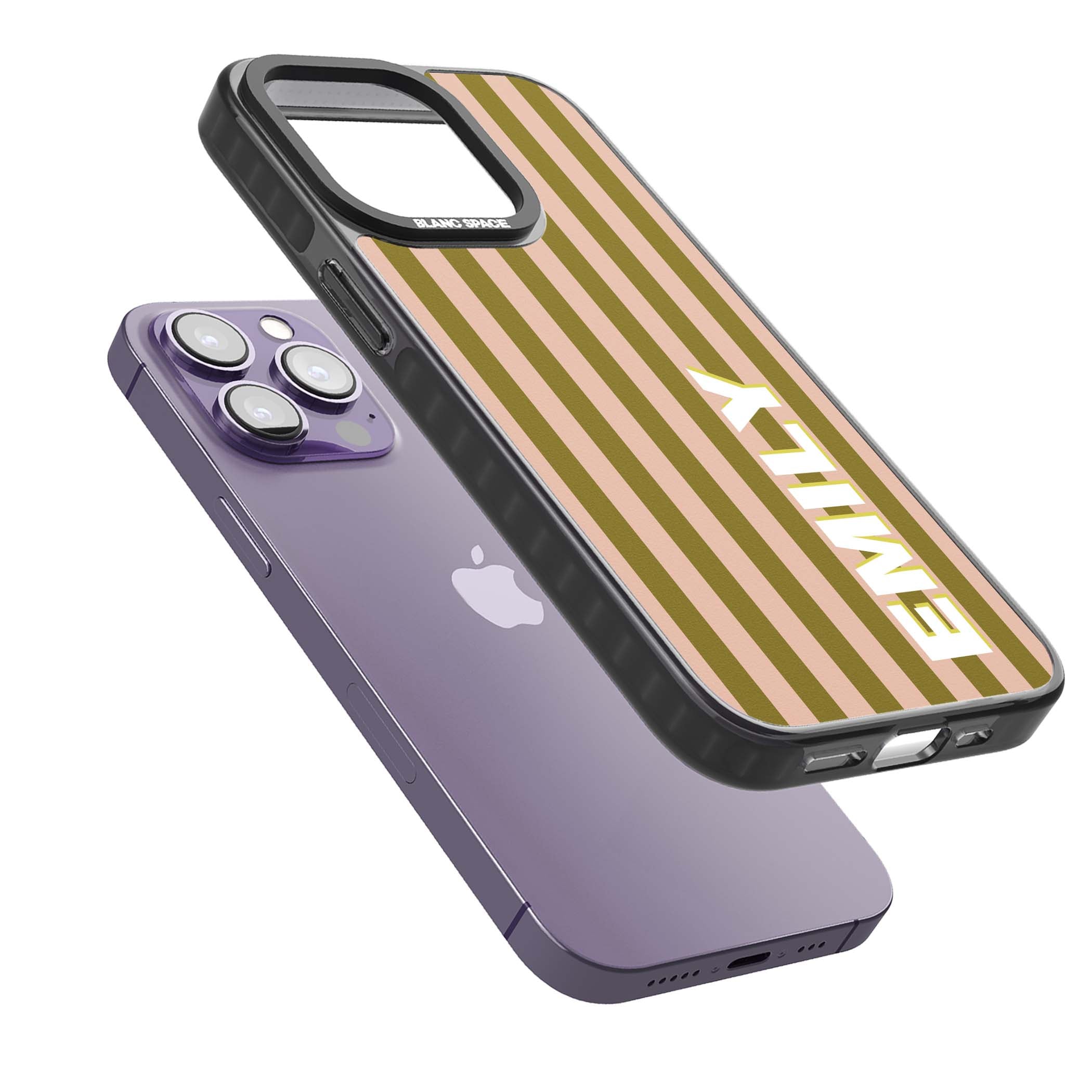 Indian Stripe personalised iPhone case featuring olive green and blush pink vertical stripes with custom name in whit | Black Impact Magsafe case for iPhone 13 Pro, iPhone 14 Pro, iPhone 15 Pro