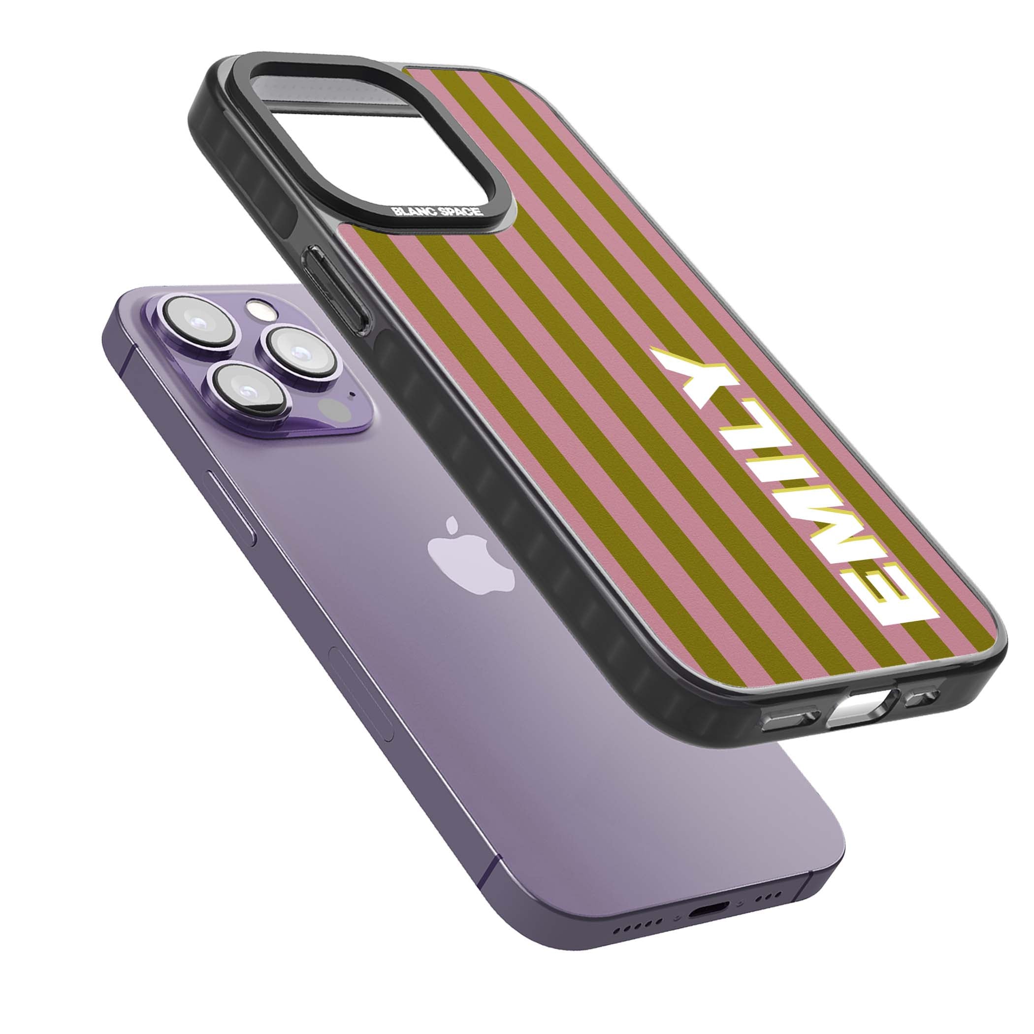 Istanbul Stripe personalised iPhone case featuring pink and olive green vertical stripes with a custom vertical name | Black Impact Magsafe case for iPhone 13 Pro, iPhone 14 Pro, iPhone 15 Pro