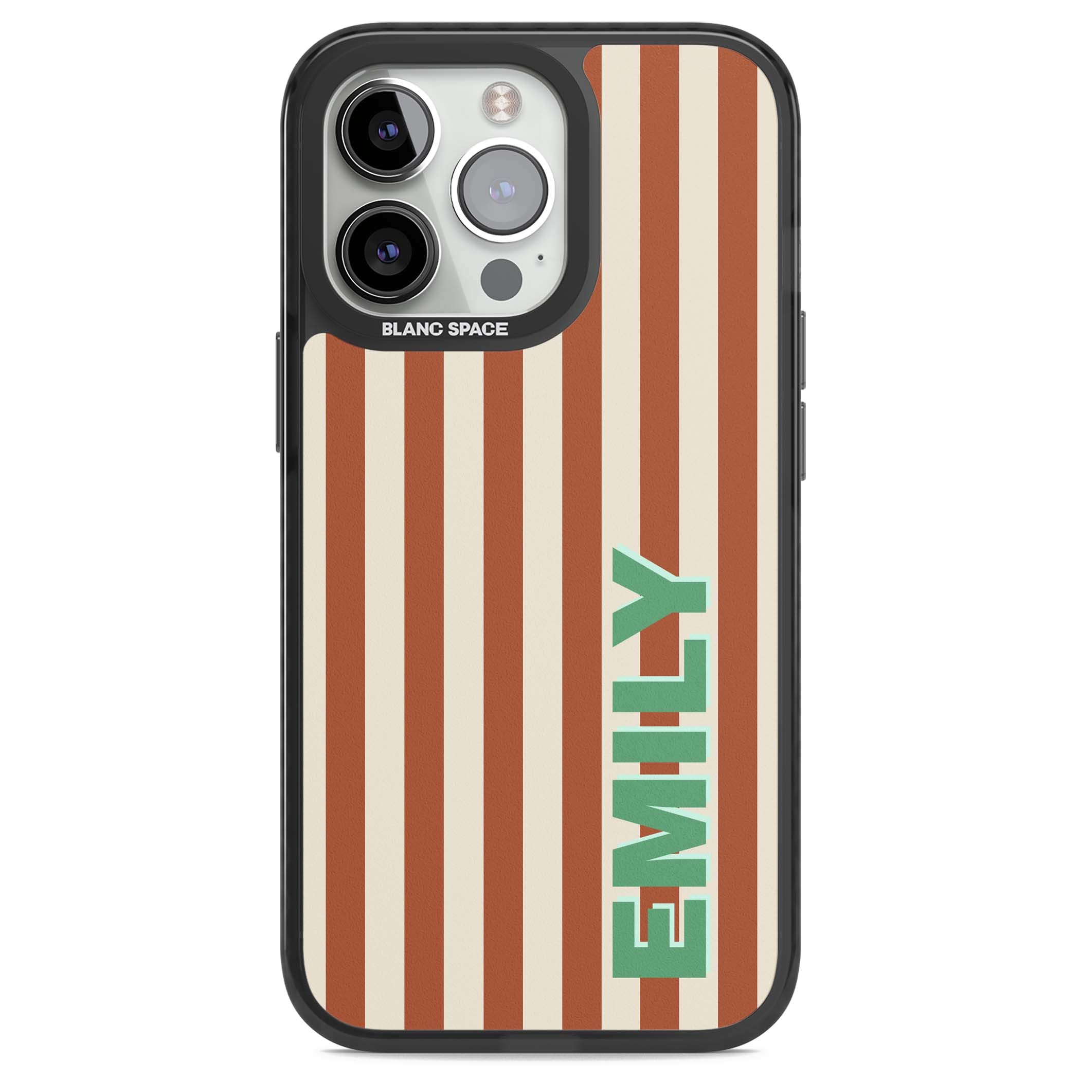 Dune Stripe personalised iPhone case with rust and cream vertical stripes and custom name in mint green | Black Impact Magsafe case for iPhone 13 Pro, iPhone 14 Pro, iPhone 15 Pro