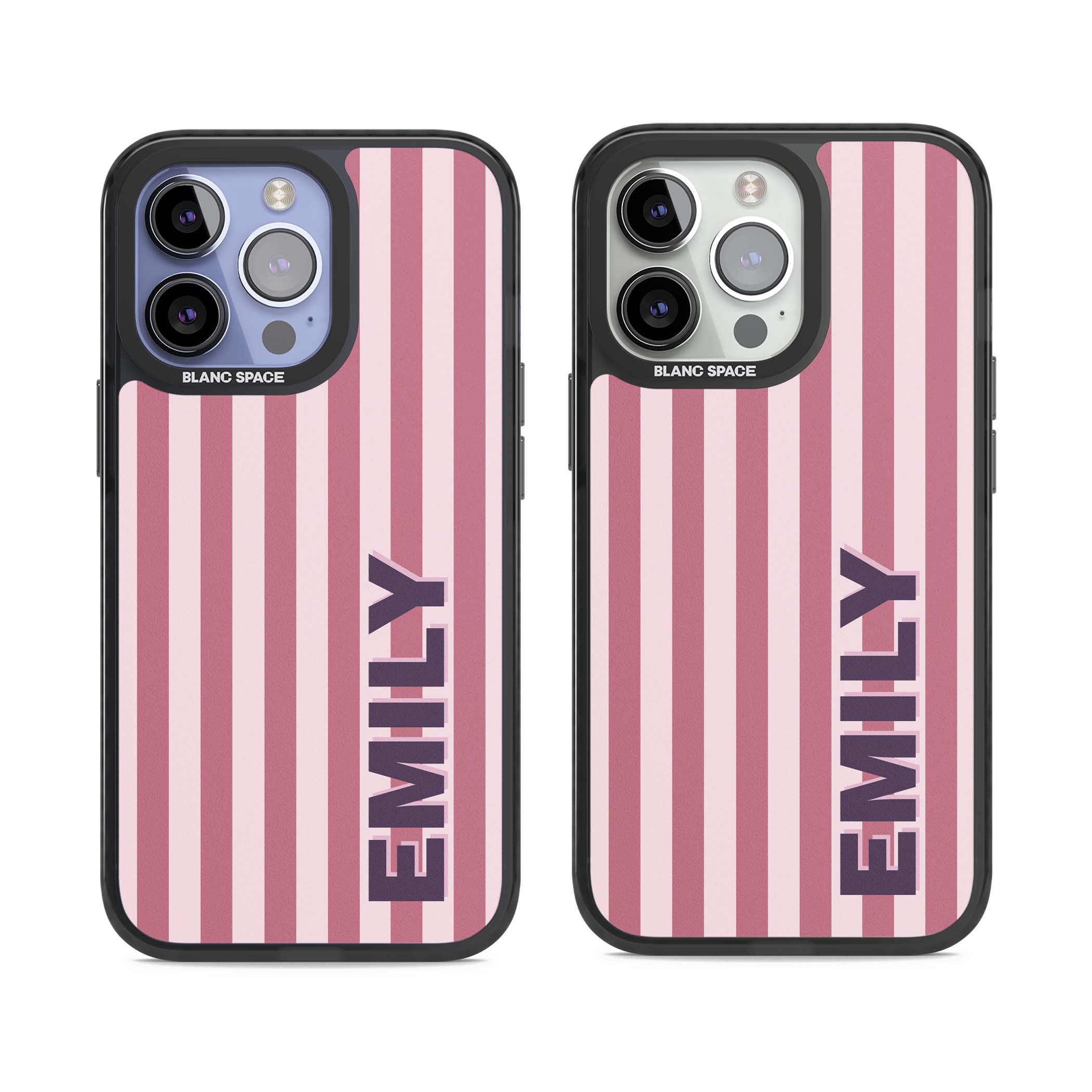 Victoria Stripe personalised iPhone case featuring pink vertical stripes and custom name in bold plum lettering | Black Impact Magsafe case for iPhone 13 Pro, iPhone 14 Pro, iPhone 15 Pro