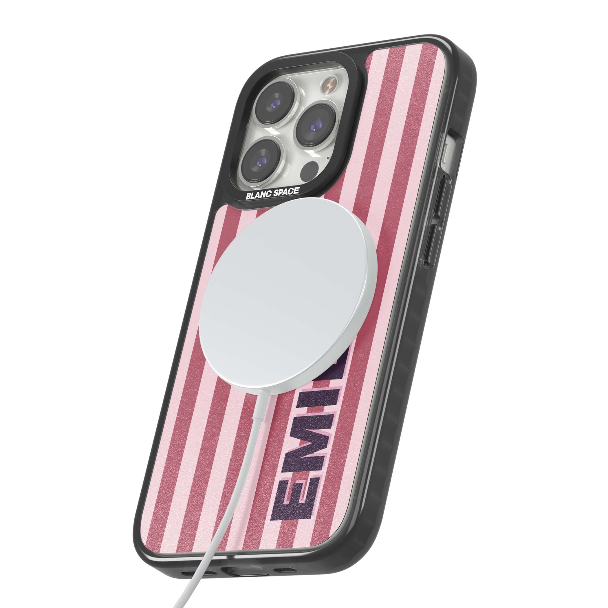 Victoria Stripe personalised iPhone case featuring pink vertical stripes and custom name in bold plum lettering | Black Impact Magsafe case for iPhone 13 Pro, iPhone 14 Pro, iPhone 15 Pro