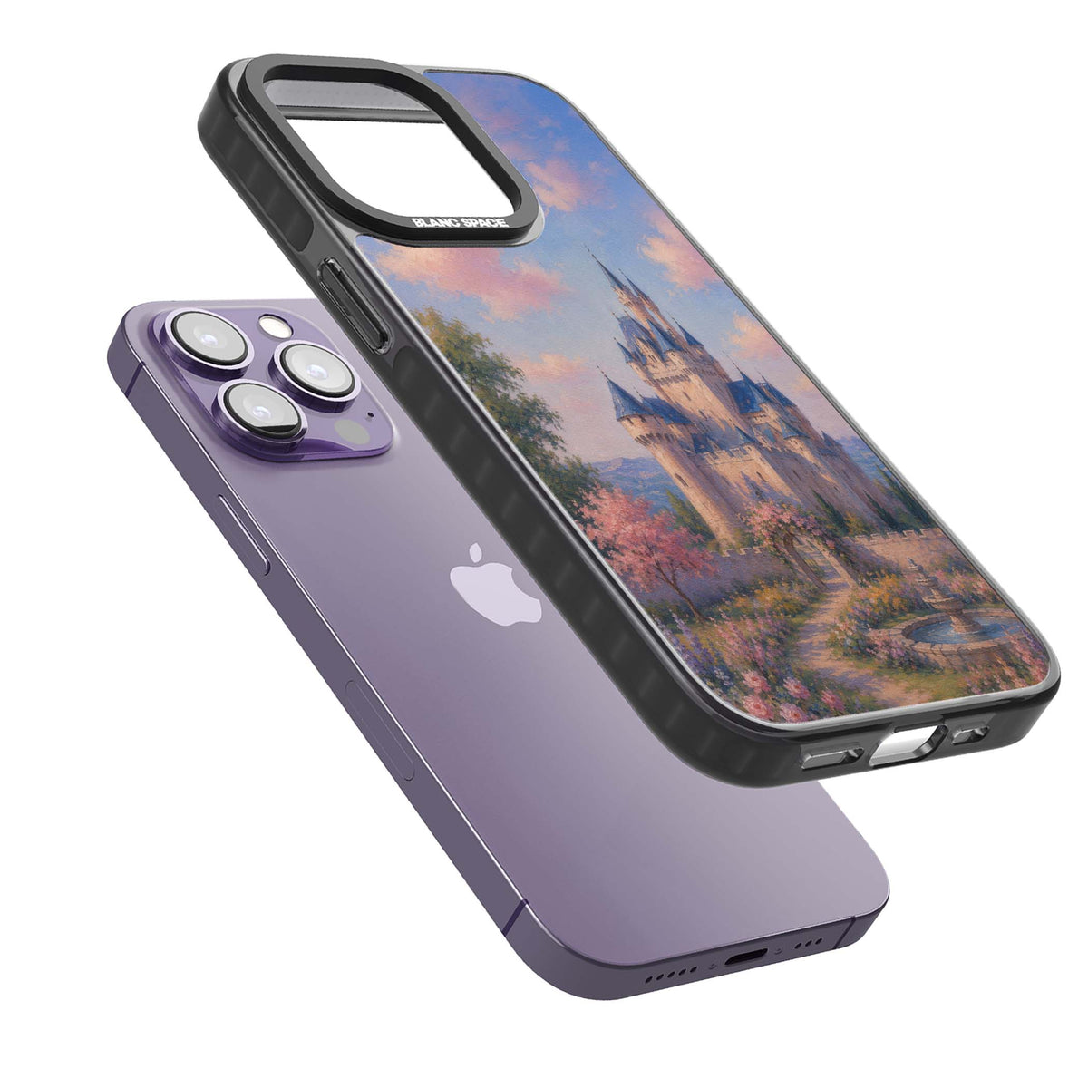 Enchanted Kingdom fairytale iPhone case featuring a romantic castle painting with cherry blossoms and pastel pink sky | Black Impact Magsafe case for iPhone 13 Pro, iPhone 14 Pro, iPhone 15 Pro