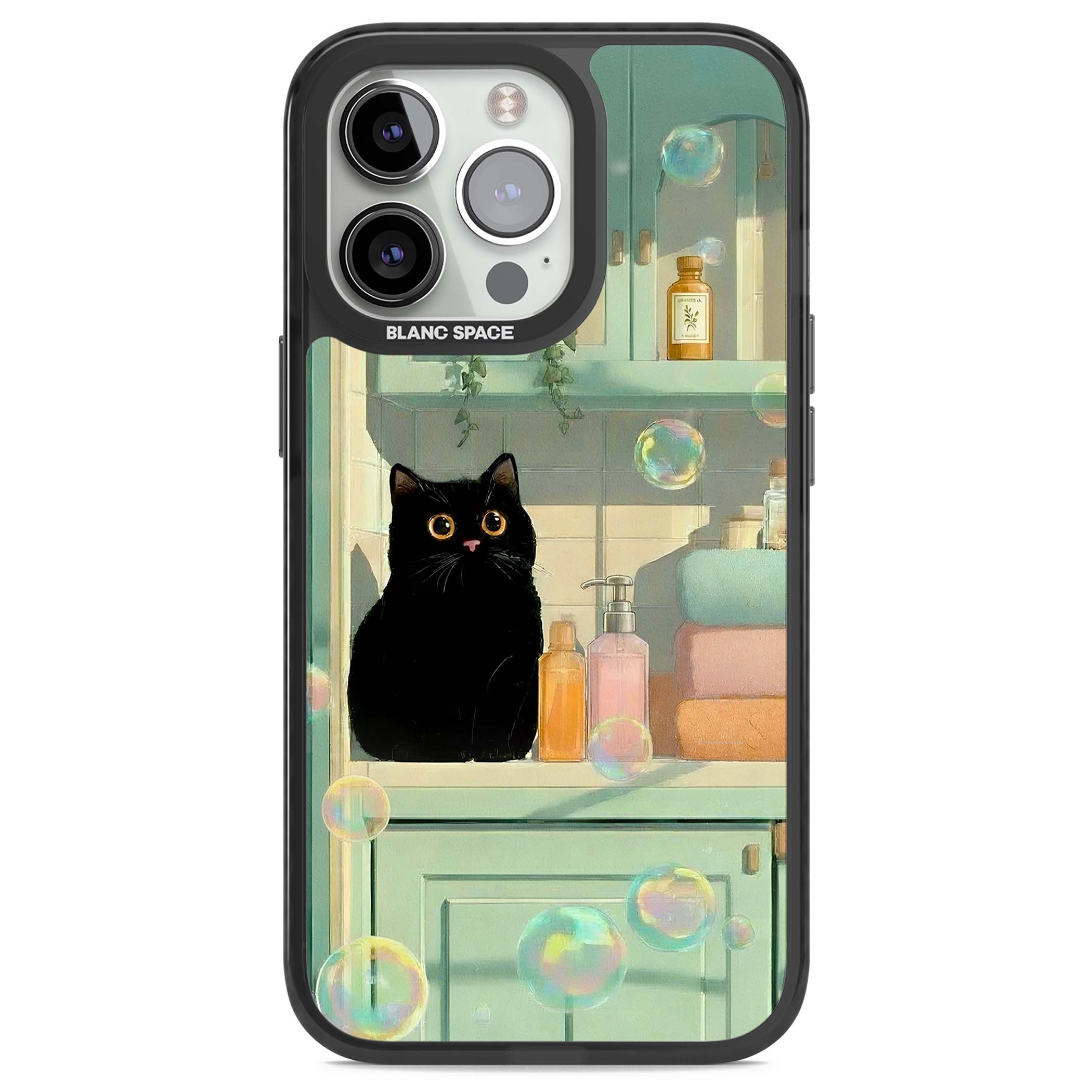 Bathroom Bubble Kitty cottagecore iPhone case featuring a black cat, mint bathroom scene and floating soap bubbles | Black Impact Magsafe case for iPhone 13 Pro, iPhone 14 Pro, iPhone 15 Pro