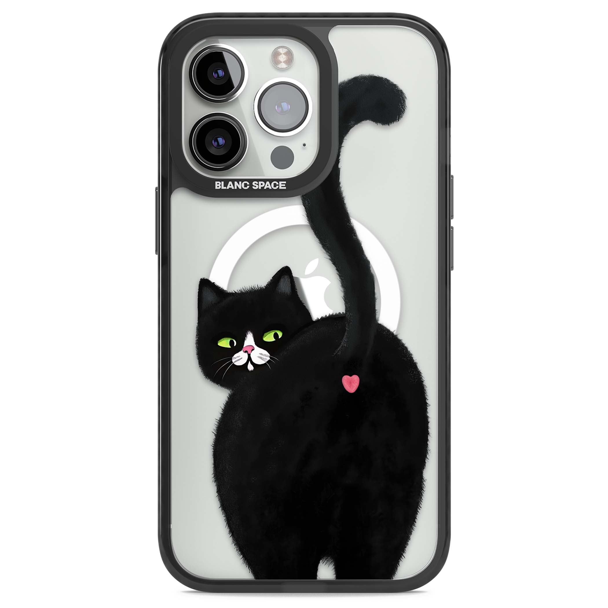 The Cat's Kiss cute cat iPhone case featuring a hand-painted tuxedo kitty with green eyes and a pink heart on a clear  | Black Impact Magsafe case for iPhone 13 Pro, iPhone 14 Pro, iPhone 15 Pro