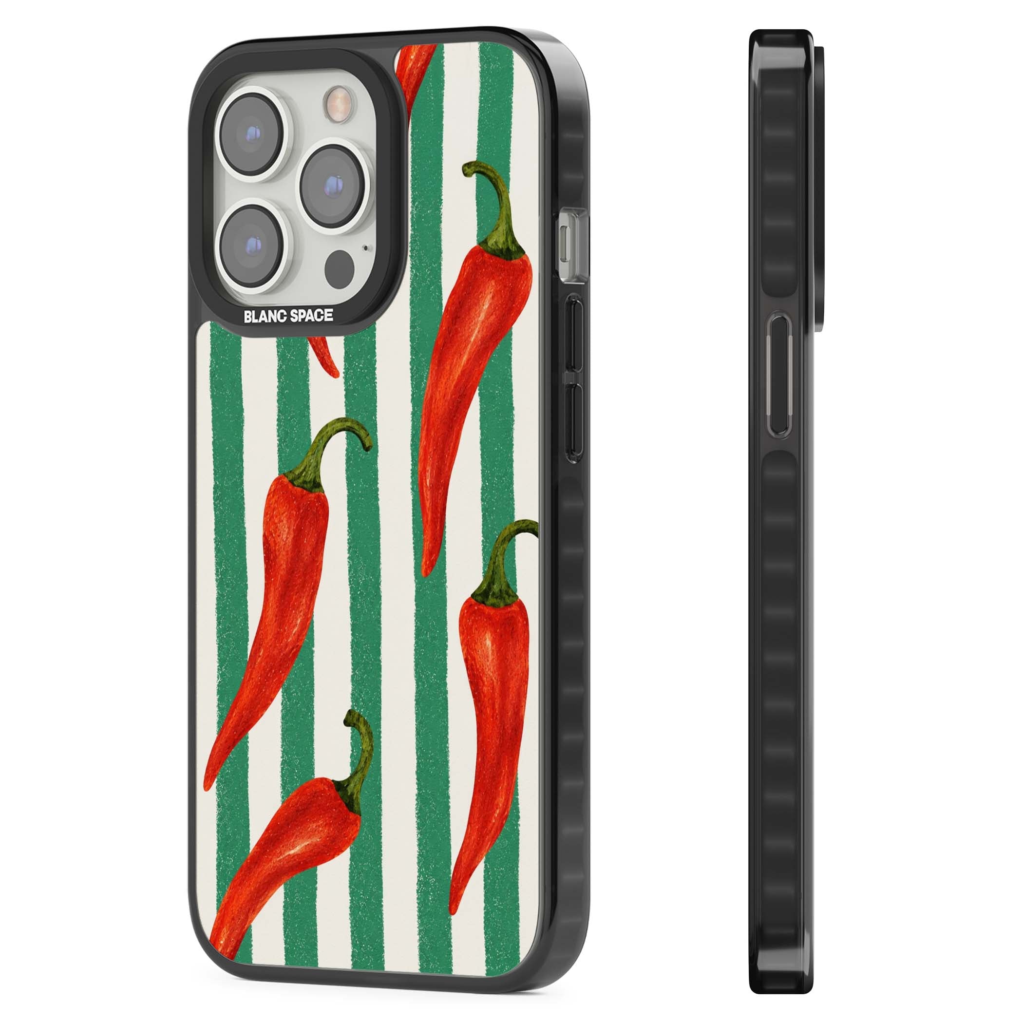 Striped Chillis coastal iPhone case featuring hand-painted red chili peppers on green and cream stripes | Black Impact Magsafe case for iPhone 13 Pro, iPhone 14 Pro, iPhone 15 Pro