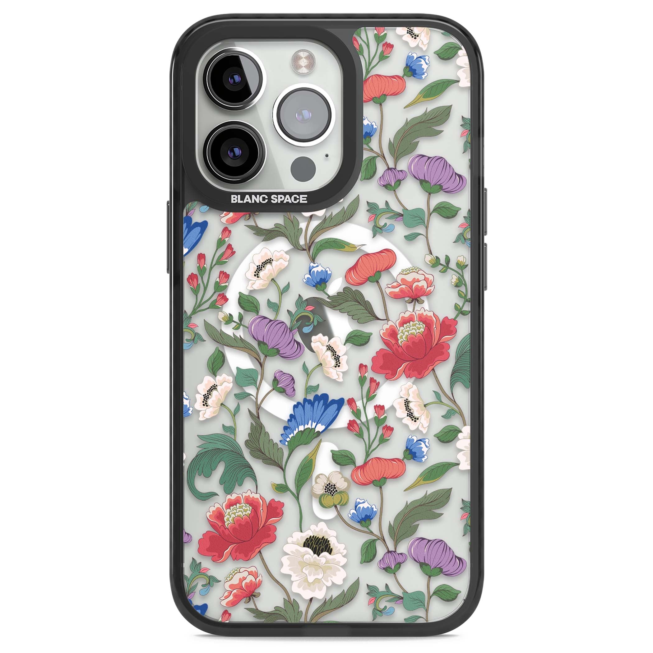 Chinoiserie Bloom vintage floral iPhone case featuring hand-painted peonies, poppies and trailing wildflowers on clear... | Black Impact Magsafe case for iPhone 13 Pro, iPhone 14 Pro, iPhone 15 Pro