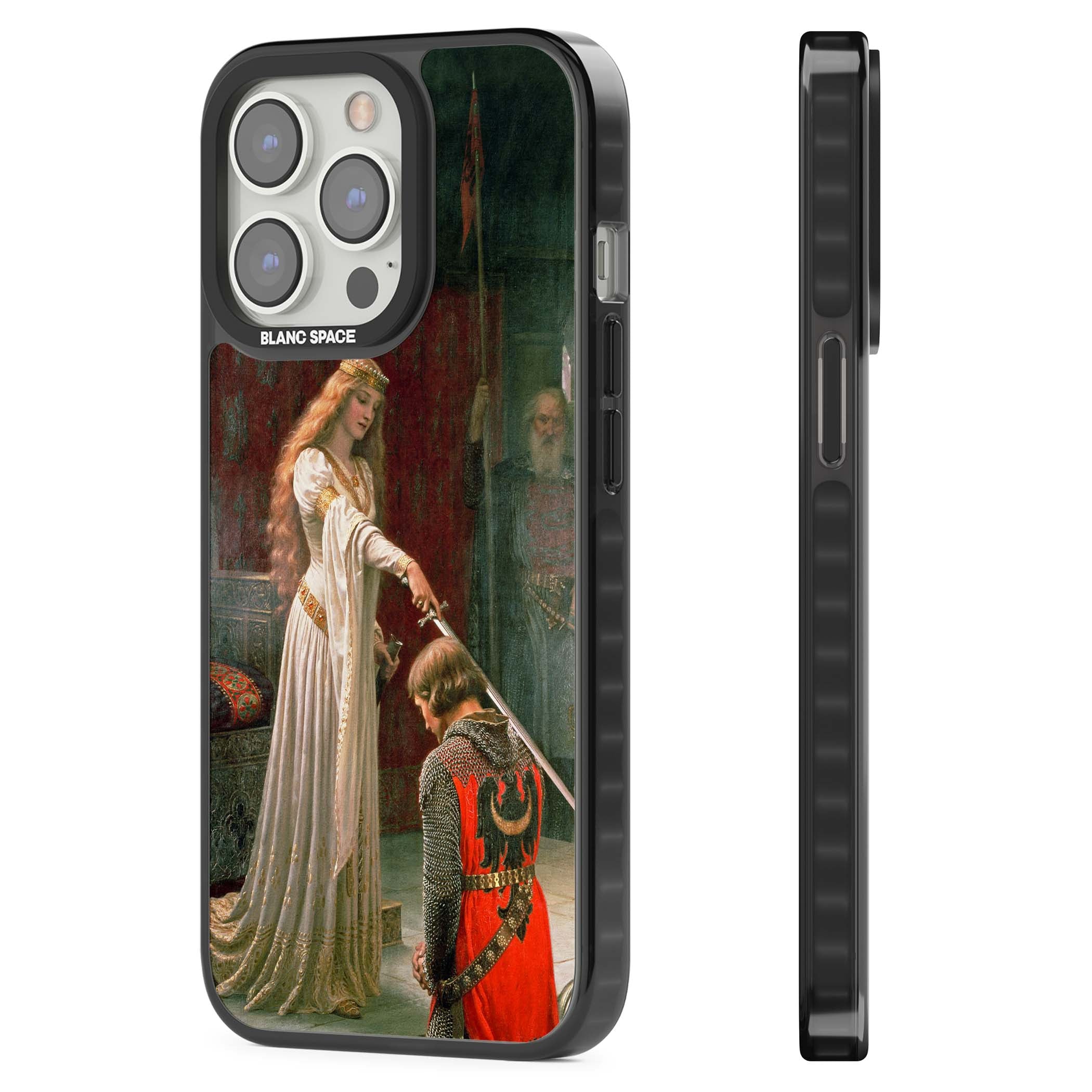 The Accolade renaissance art iPhone case featuring Edmund Blair Leighton's painting of a queen knighting a kneeling knight | Black Impact Magsafe case for iPhone 13 Pro, iPhone 14 Pro, iPhone 15 Pro