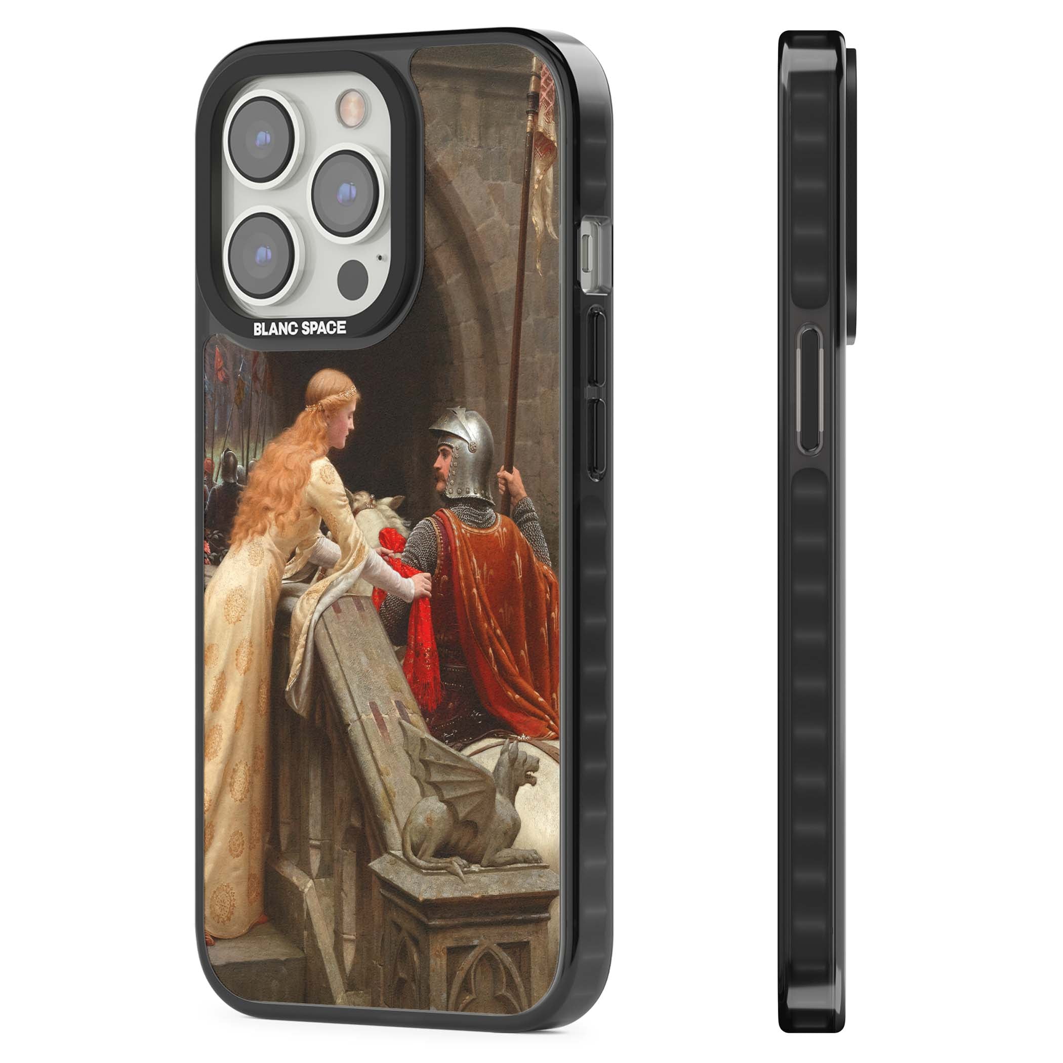 God Speed fine art iPhone case featuring Edmund Blair Leighton's medieval knight and lady beneath a stone archway | Black Impact Magsafe case for iPhone 13 Pro, iPhone 14 Pro, iPhone 15 Pro