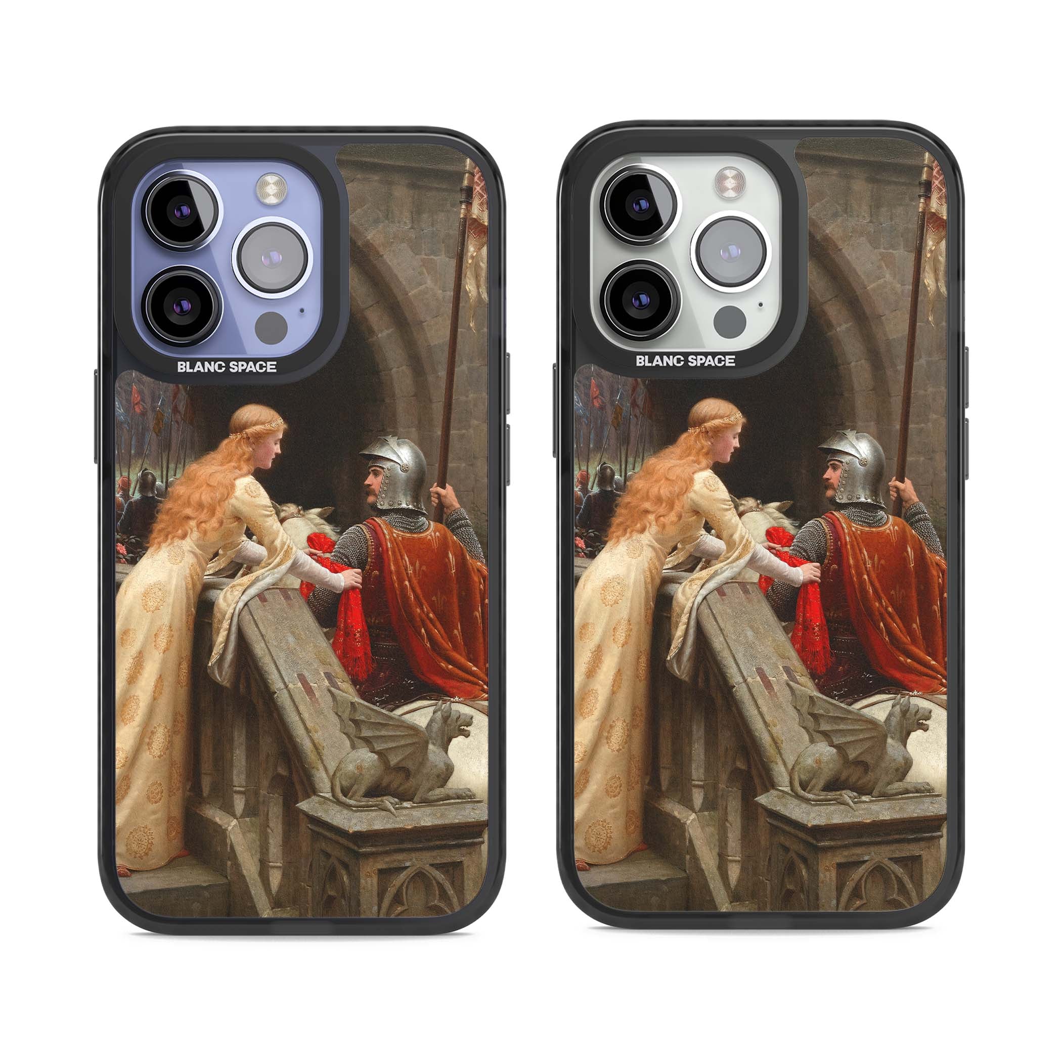 God Speed fine art iPhone case featuring Edmund Blair Leighton's medieval knight and lady beneath a stone archway | Black Impact Magsafe case for iPhone 13 Pro, iPhone 14 Pro, iPhone 15 Pro