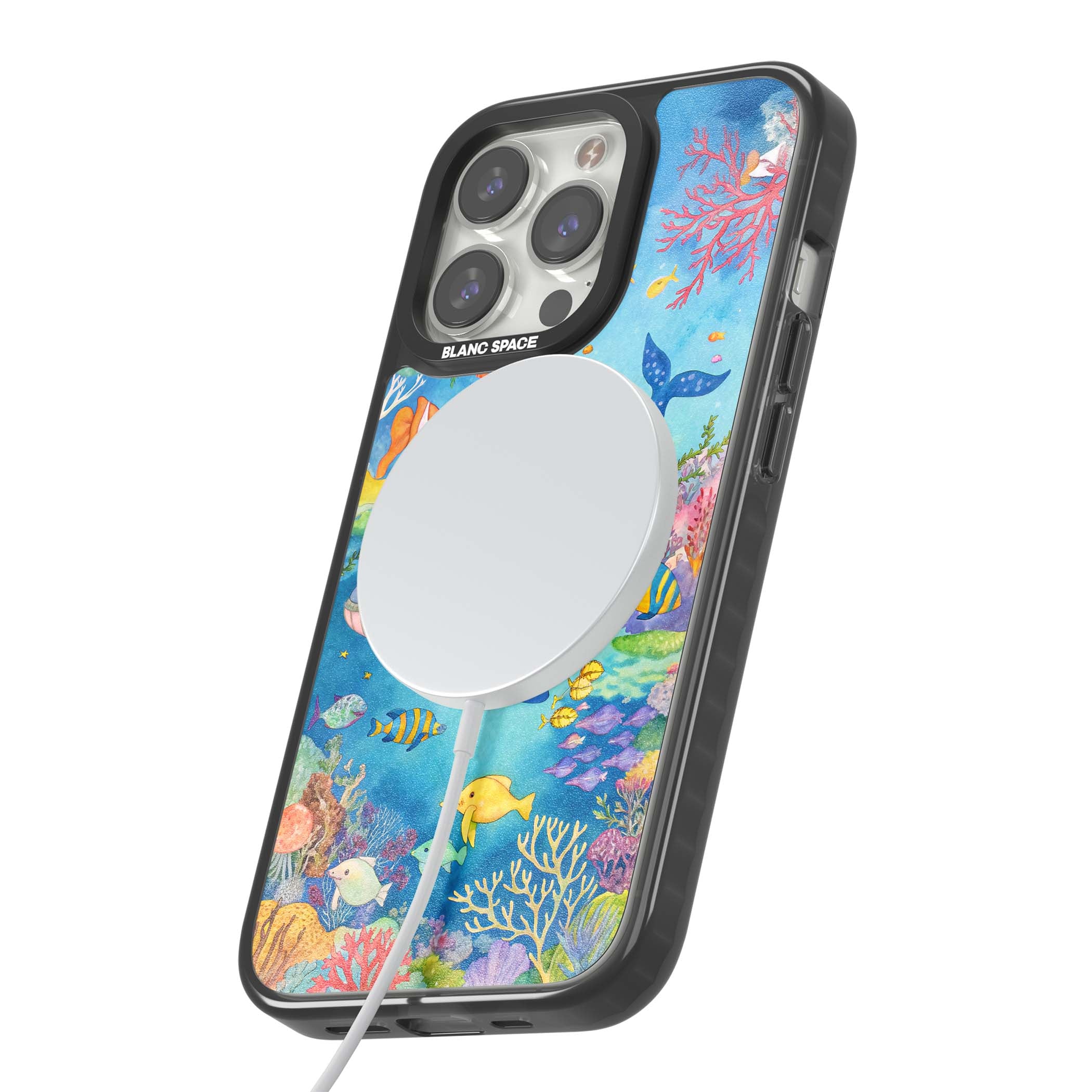 Coral Lagoon ocean iPhone case featuring a watercolour whale, coral reef and tropical fish | Black Impact Magsafe case for iPhone 13 Pro, iPhone 14 Pro, iPhone 15 Pro