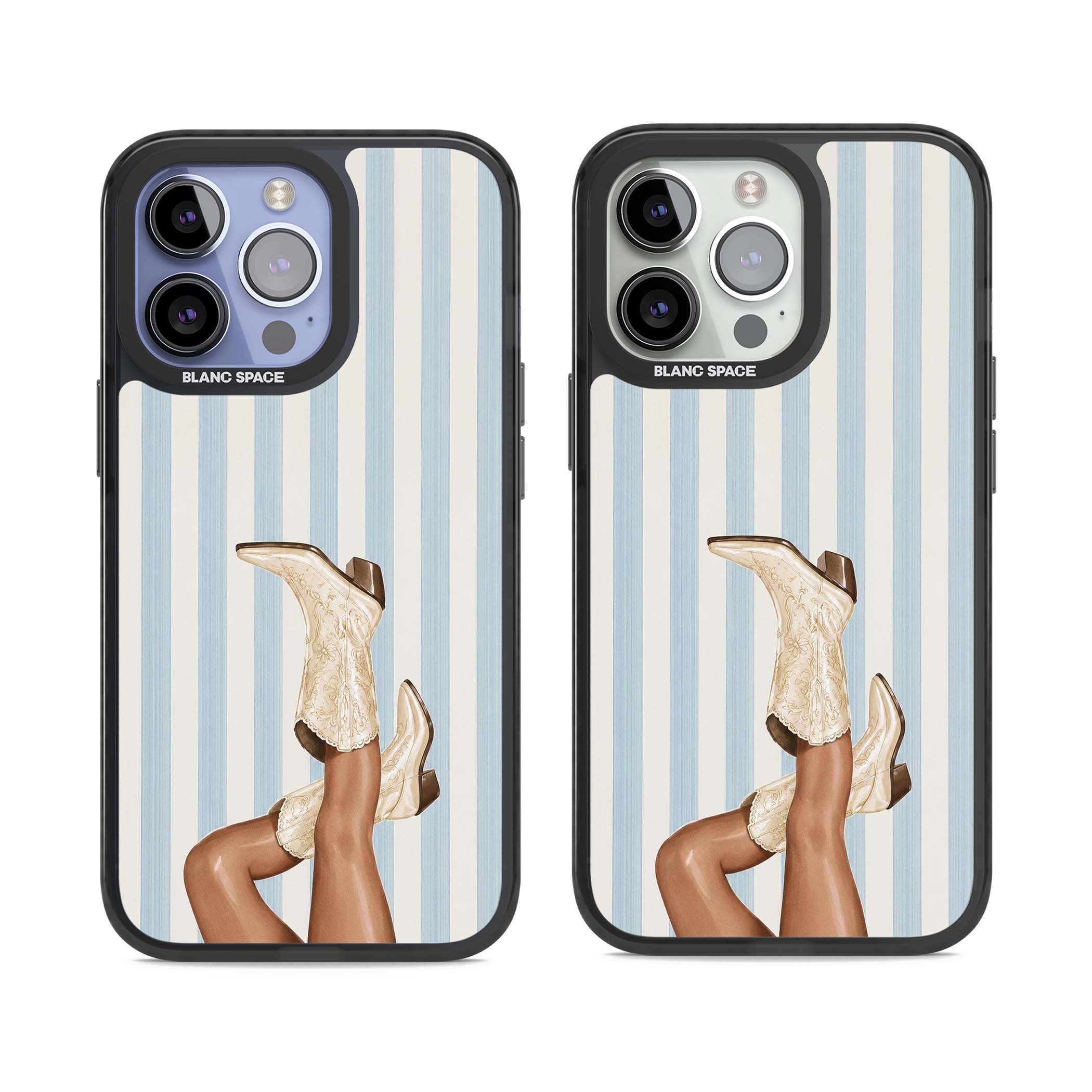 Cowgirl Boots coastal cowgirl iPhone case featuring embroidered western boots, tanned legs and a blue stripe backdrop | Black Impact Magsafe case for iPhone 13 Pro, iPhone 14 Pro, iPhone 15 Pro