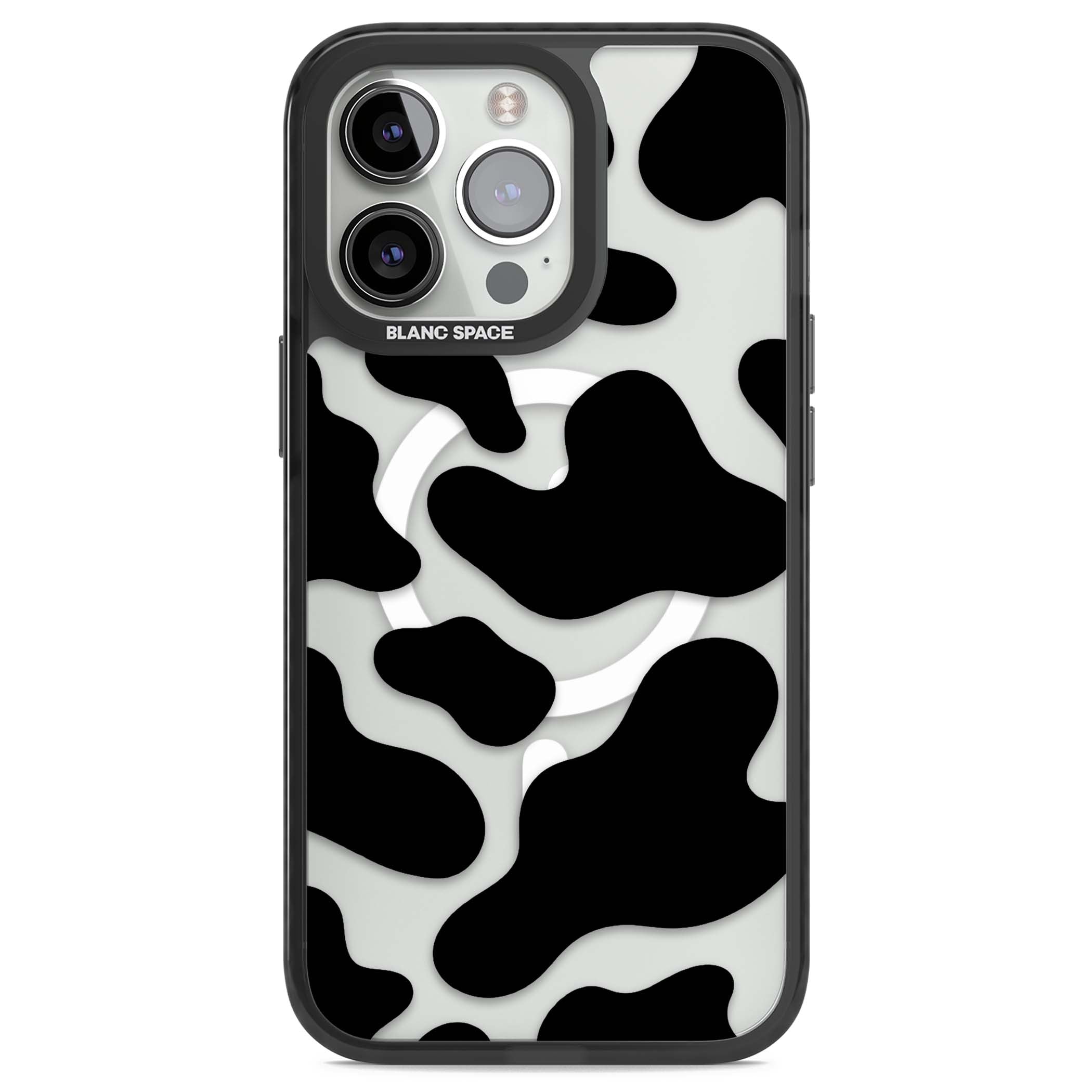 Clear Cow Print cow print iPhone case featuring black and white cow pattern splotches on a clear background | Black Impact Magsafe case for iPhone 13 Pro, iPhone 14 Pro, iPhone 15 Pro