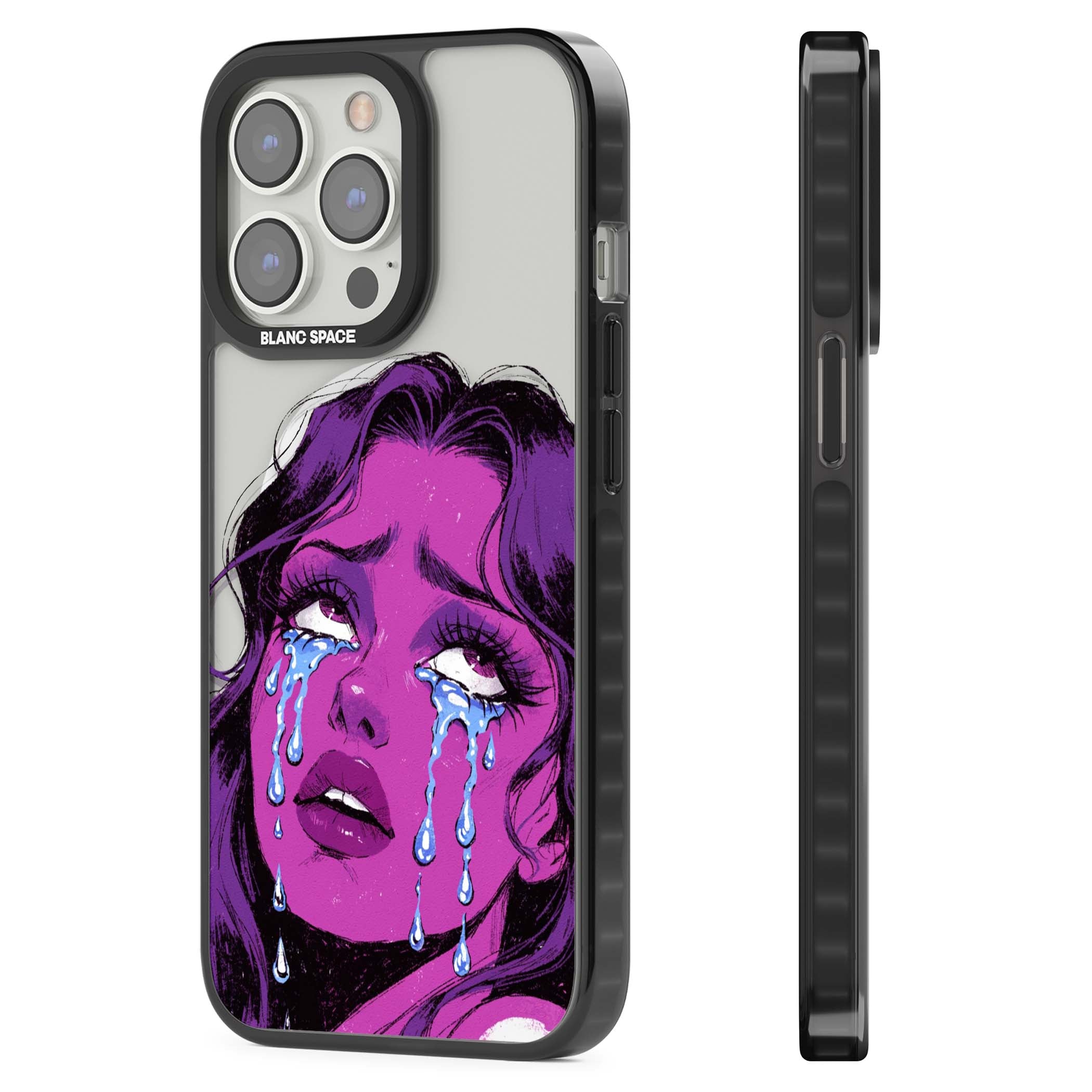 Drama Queen pop art iPhone case featuring a purple crying comic girl with blue tears | Black Impact Magsafe case for iPhone 13 Pro, iPhone 14 Pro, iPhone 15 Pro