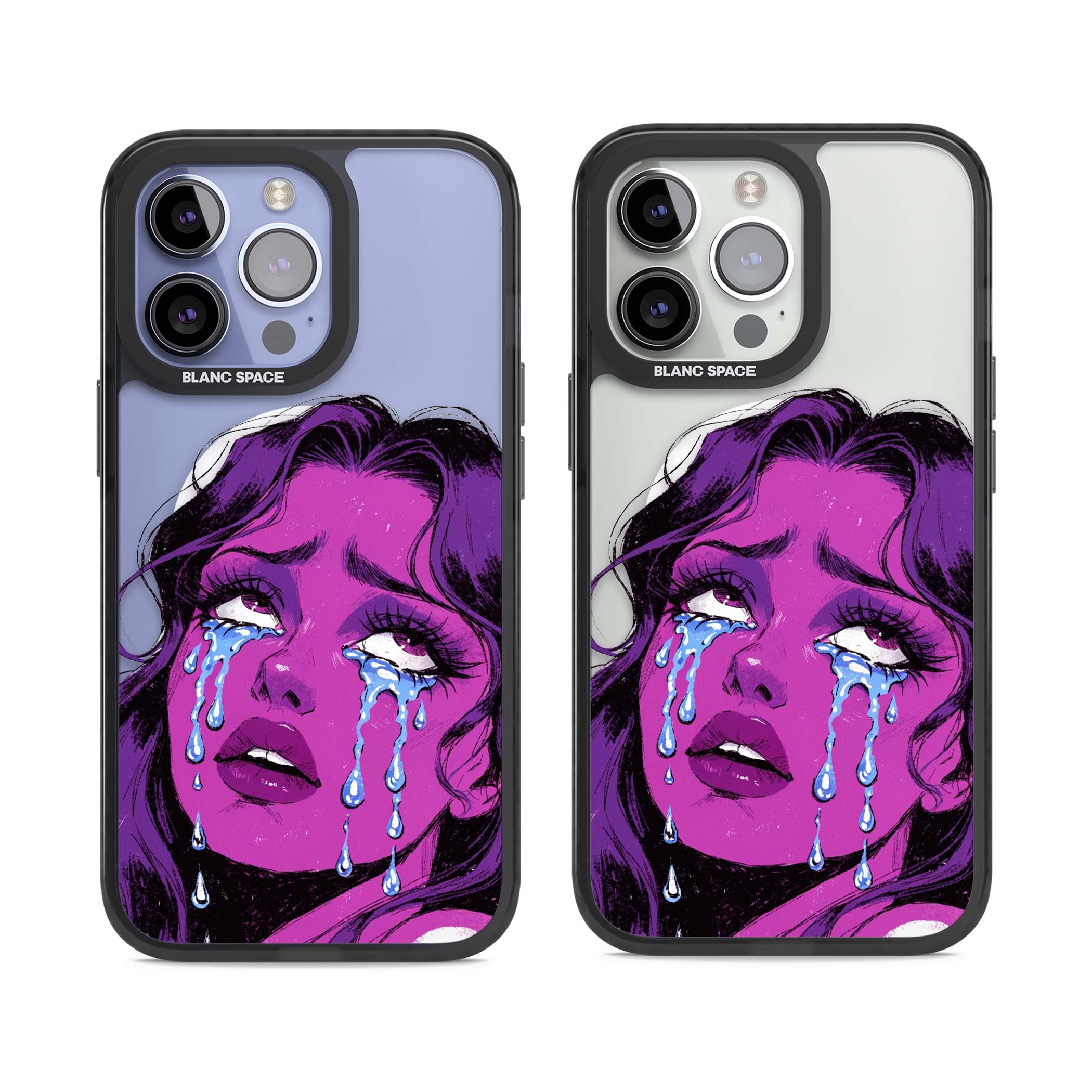Drama Queen pop art iPhone case featuring a purple crying comic girl with blue tears | Black Impact Magsafe case for iPhone 13 Pro, iPhone 14 Pro, iPhone 15 Pro