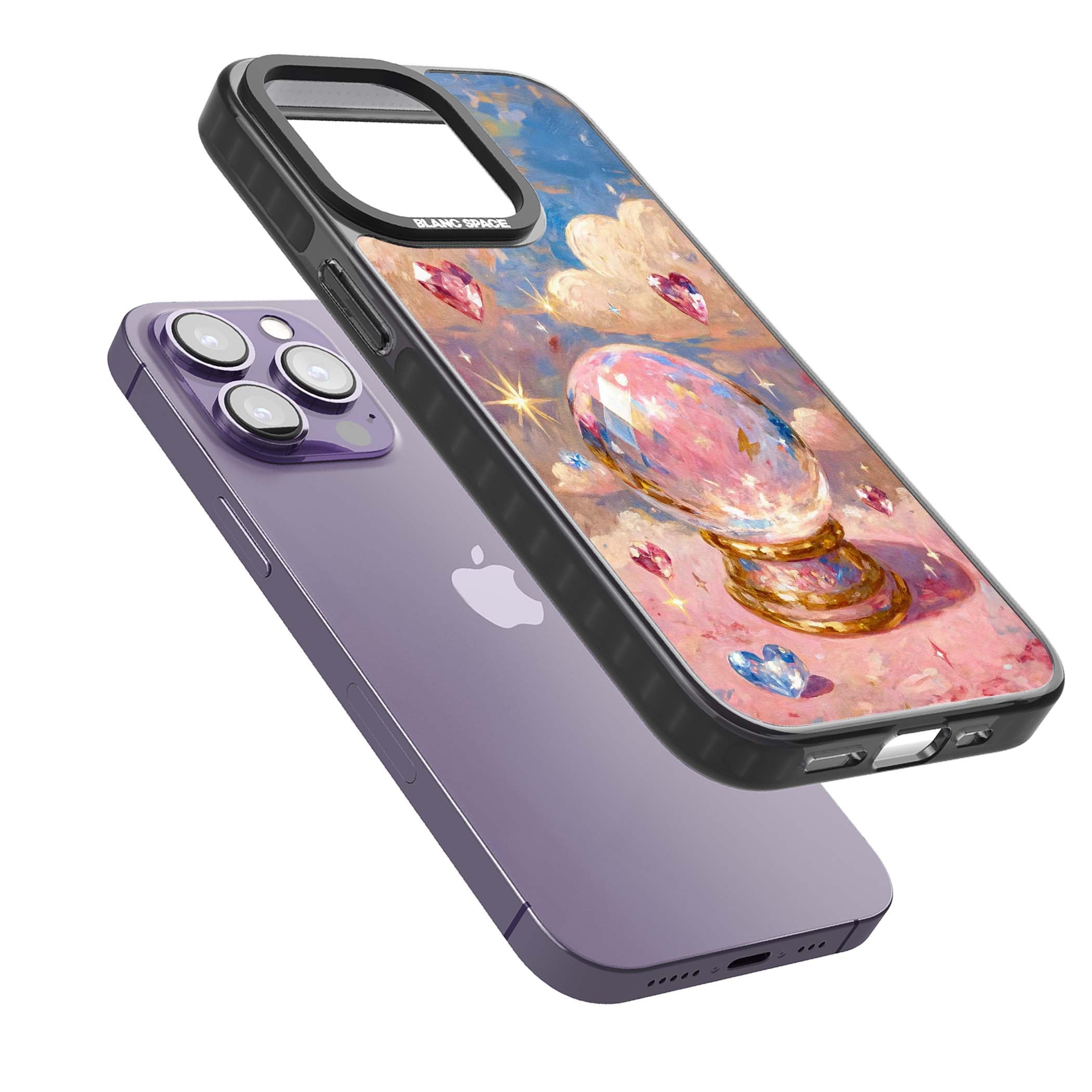 Crystal Ball fairycore iPhone case featuring a painted crystal ball, heart gemstones, and pastel clouds | Black Impact Magsafe case for iPhone 13 Pro, iPhone 14 Pro, iPhone 15 Pro