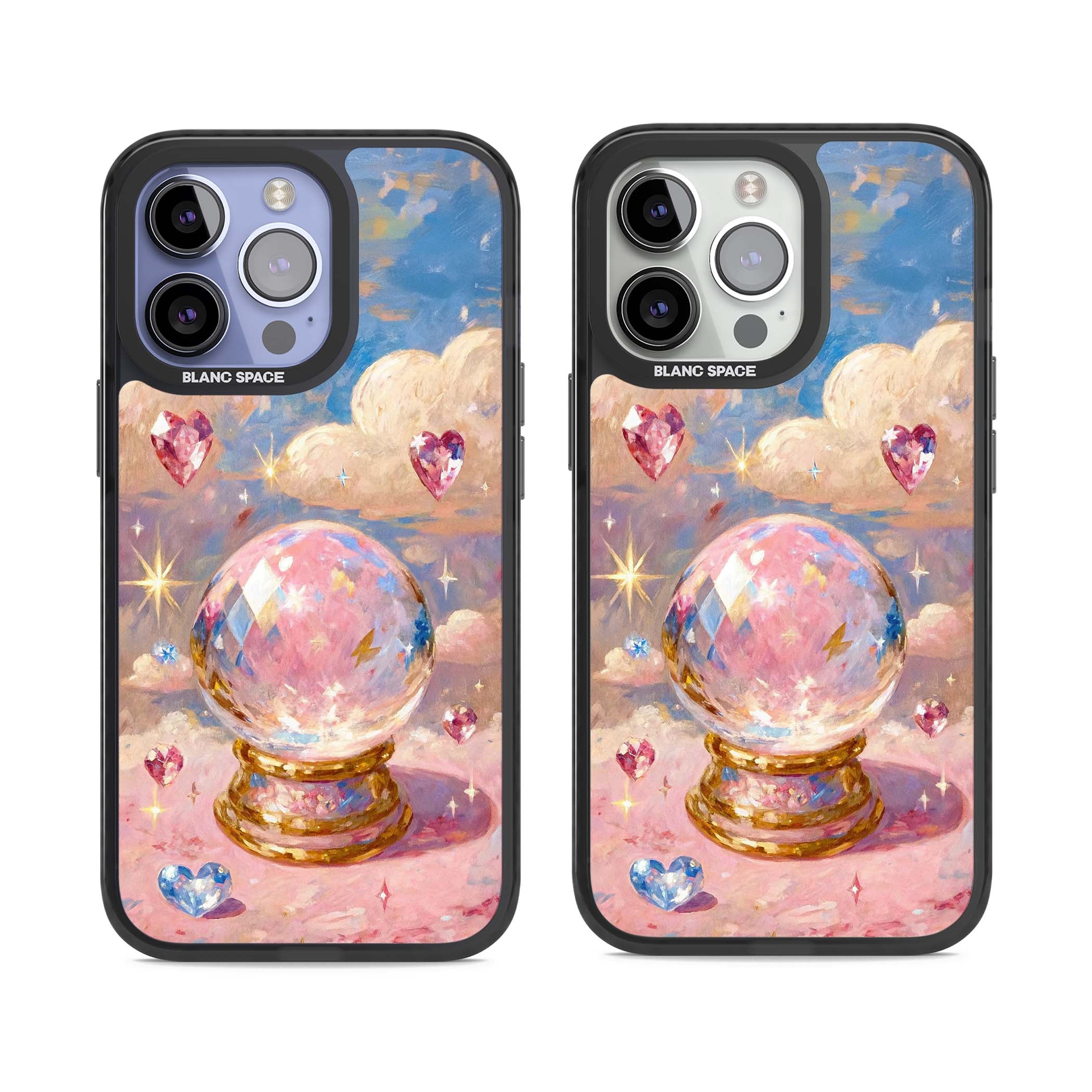 Crystal Ball fairycore iPhone case featuring a painted crystal ball, heart gemstones, and pastel clouds | Black Impact Magsafe case for iPhone 13 Pro, iPhone 14 Pro, iPhone 15 Pro