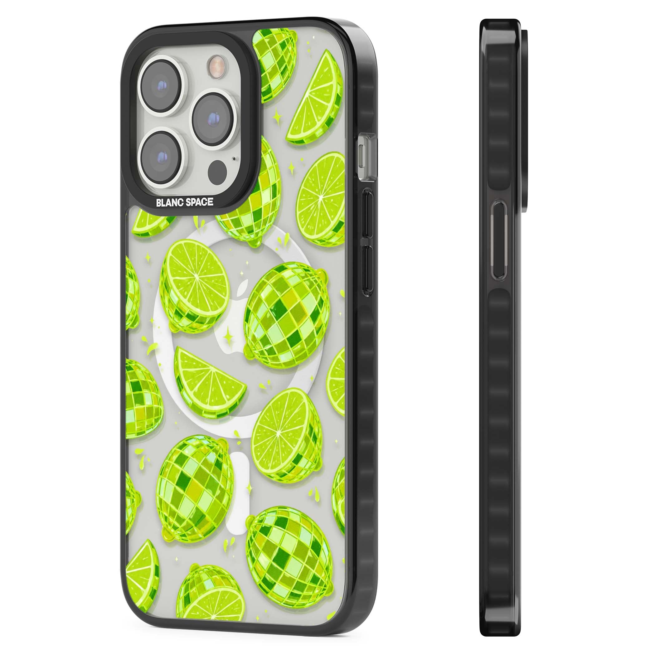 Disco Limes fruit aesthetic iPhone case featuring green disco balls, lime slices and citrus sparkles | Black Impact Magsafe case for iPhone 13 Pro, iPhone 14 Pro, iPhone 15 Pro