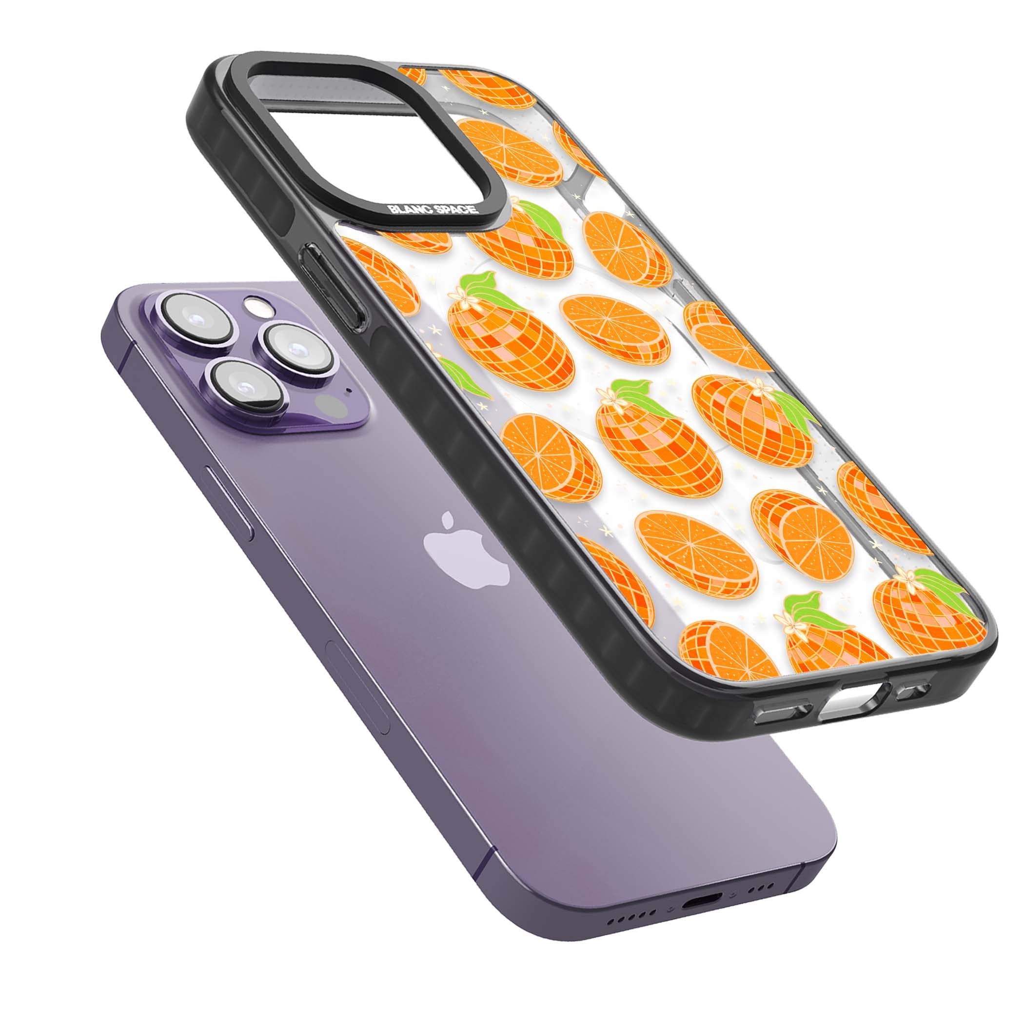 Disco Oranges retro iPhone case featuring mirrorball oranges, citrus slices and tiny blossoms on clear | Black Impact Magsafe case for iPhone 13 Pro, iPhone 14 Pro, iPhone 15 Pro
