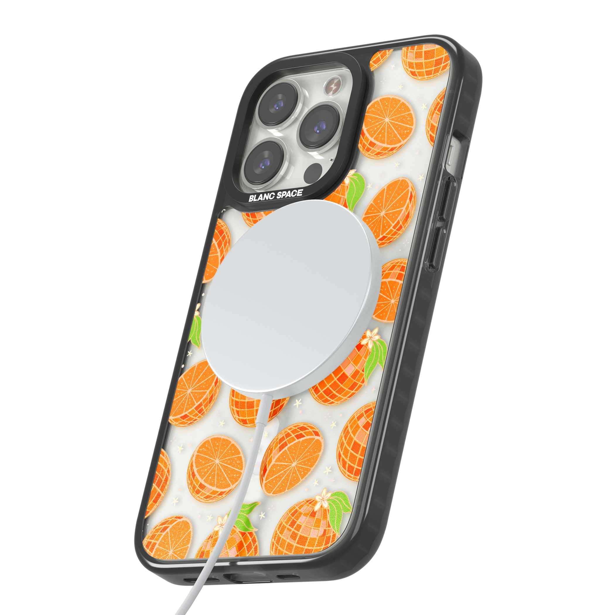 Disco Oranges retro iPhone case featuring mirrorball oranges, citrus slices and tiny blossoms on clear | Black Impact Magsafe case for iPhone 13 Pro, iPhone 14 Pro, iPhone 15 Pro