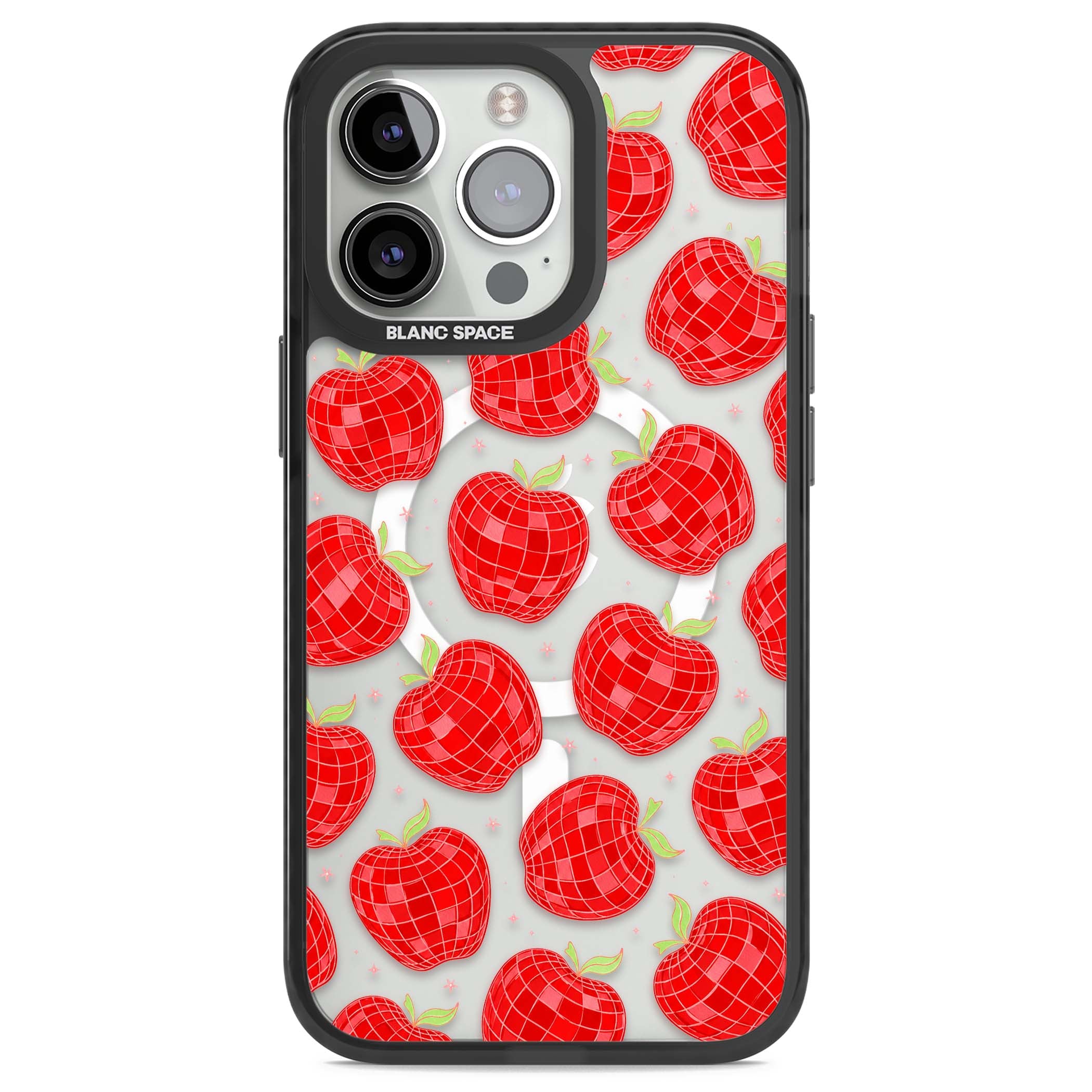 Disco Apples Y2K iPhone case featuring red disco ball apples, green leaves and pink sparkles on clear | Black Impact Magsafe case for iPhone 13 Pro, iPhone 14 Pro, iPhone 15 Pro