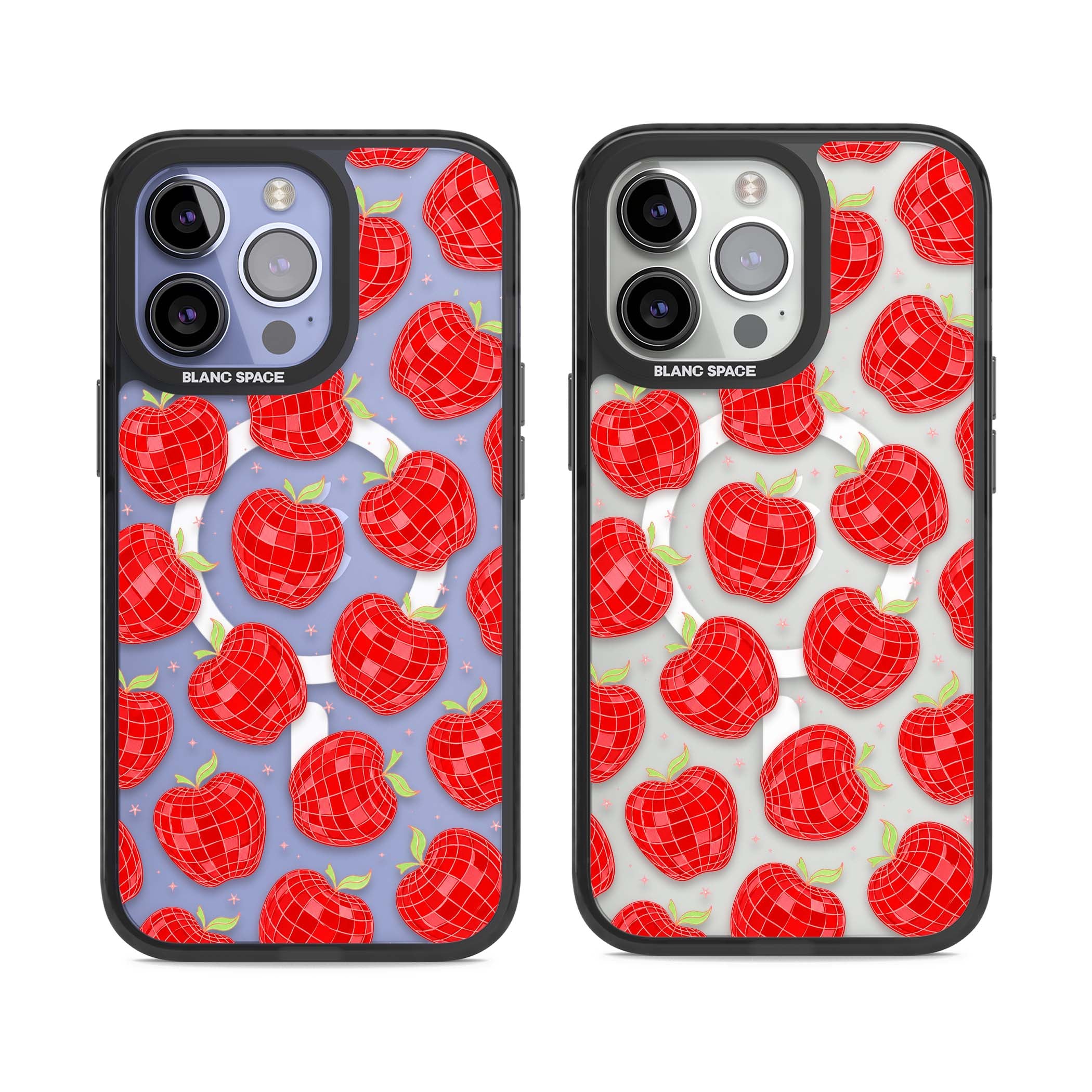 Disco Apples Y2K iPhone case featuring red disco ball apples, green leaves and pink sparkles on clear | Black Impact Magsafe case for iPhone 13 Pro, iPhone 14 Pro, iPhone 15 Pro