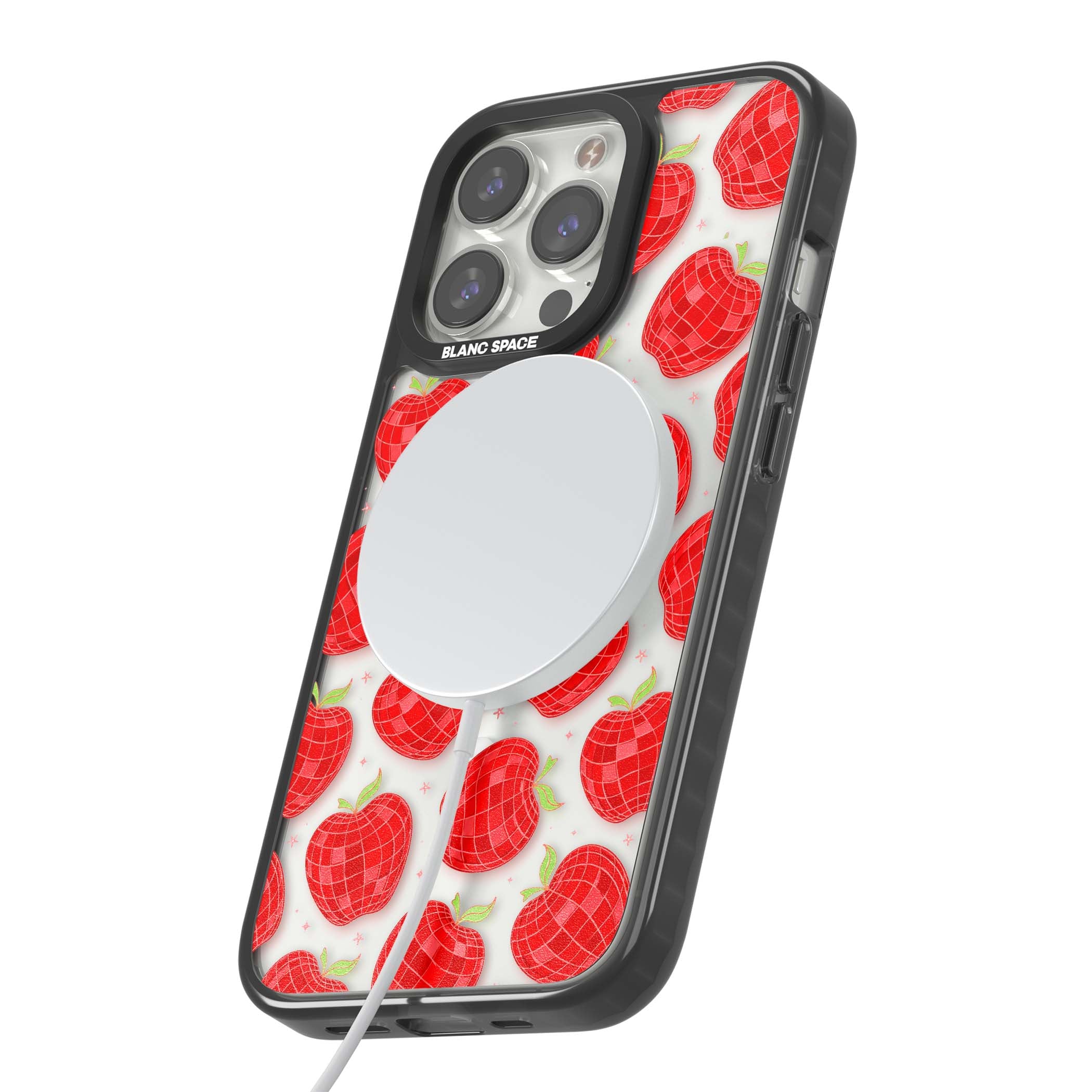 Disco Apples Y2K iPhone case featuring red disco ball apples, green leaves and pink sparkles on clear | Black Impact Magsafe case for iPhone 13 Pro, iPhone 14 Pro, iPhone 15 Pro