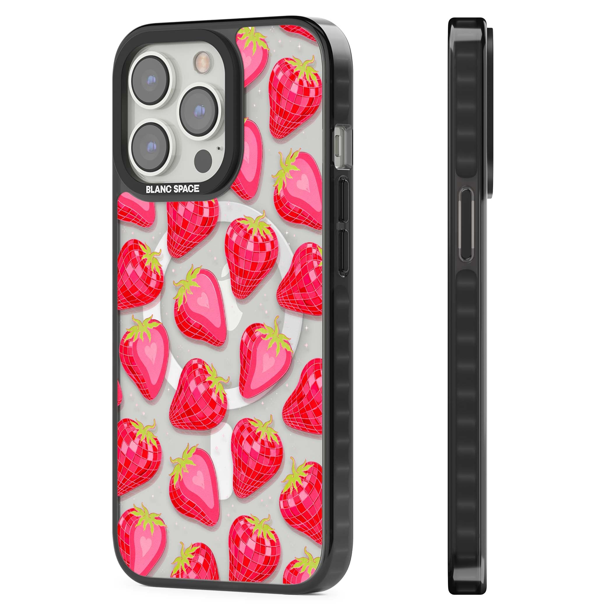 Disco Strawberry Y2K iPhone case featuring pink disco-ball strawberries, green leaves and tiny sparkles | Black Impact Magsafe case for iPhone 13 Pro, iPhone 14 Pro, iPhone 15 Pro