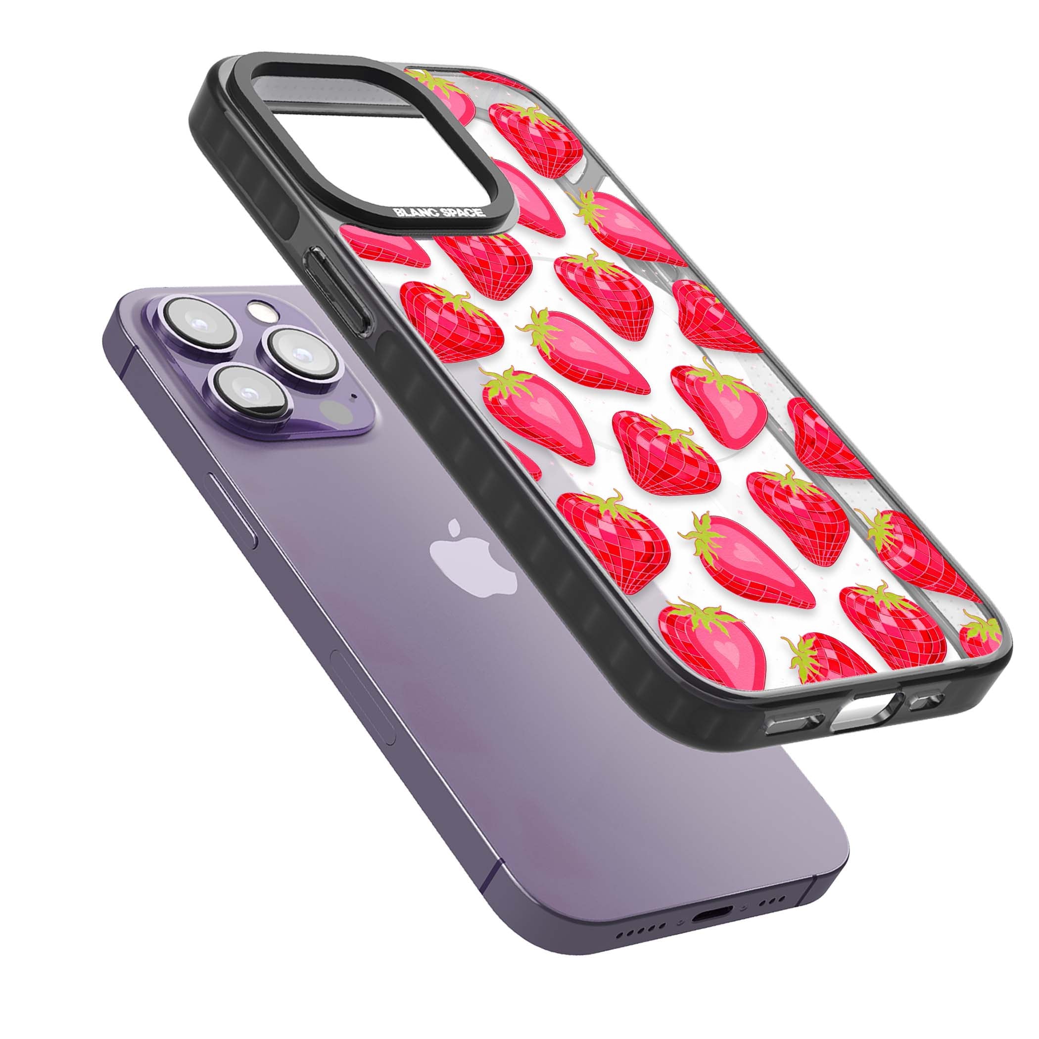 Disco Strawberry Y2K iPhone case featuring pink disco-ball strawberries, green leaves and tiny sparkles | Black Impact Magsafe case for iPhone 13 Pro, iPhone 14 Pro, iPhone 15 Pro