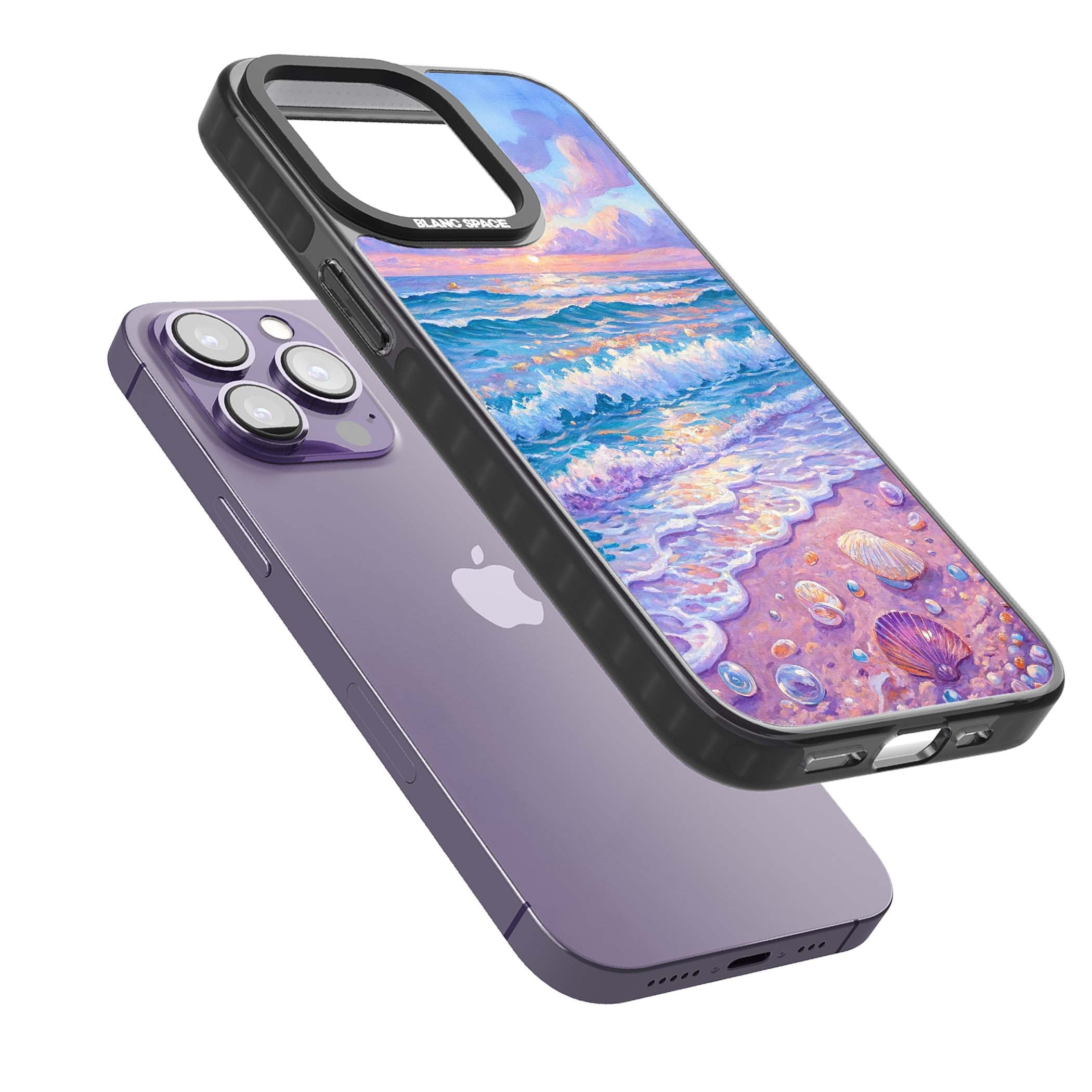 Pearl Shore coastal iPhone case featuring pastel painted waves, seashells, and a sunrise sky over a lavender beach. | Black Impact Magsafe case for iPhone 13 Pro, iPhone 14 Pro, iPhone 15 Pro