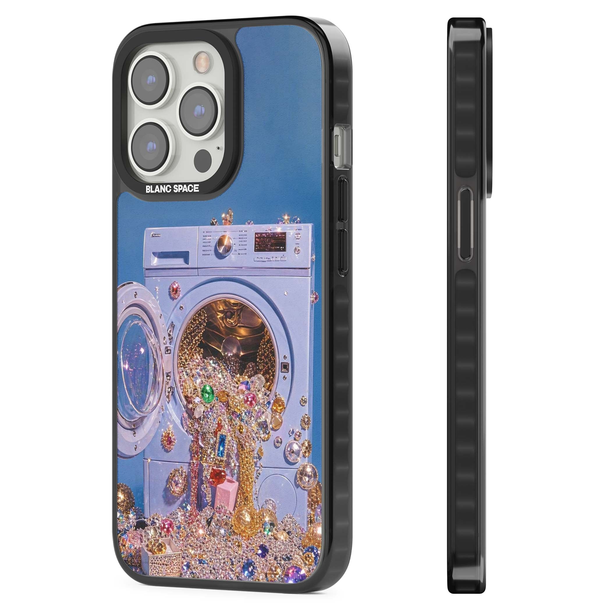 Gem Laundry baddie iPhone case featuring a surreal washing machine overflowing with colourful gemstones and crystals | Black Impact Magsafe case for iPhone 13 Pro, iPhone 14 Pro, iPhone 15 Pro