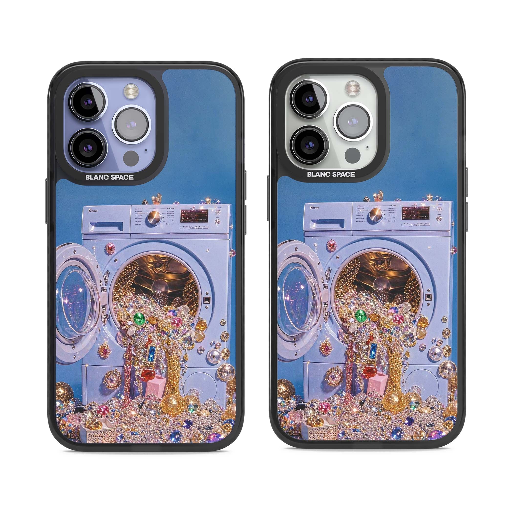 Gem Laundry baddie iPhone case featuring a surreal washing machine overflowing with colourful gemstones and crystals | Black Impact Magsafe case for iPhone 13 Pro, iPhone 14 Pro, iPhone 15 Pro
