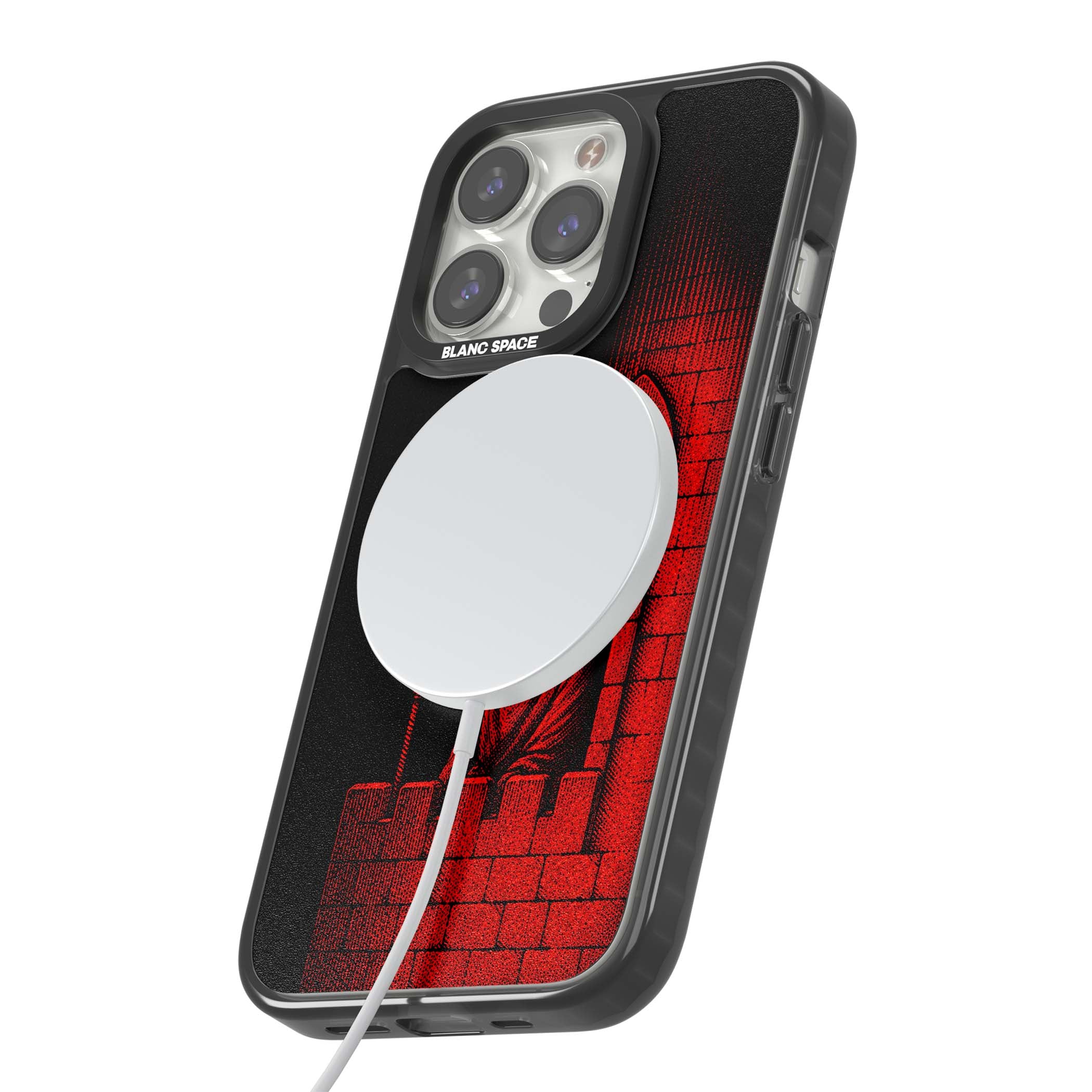 Crimson Crypt gothic iPhone case featuring a hooded reaper, torchlit crypt archway and red halftone horror art | Black Impact Magsafe case for iPhone 13 Pro, iPhone 14 Pro, iPhone 15 Pro