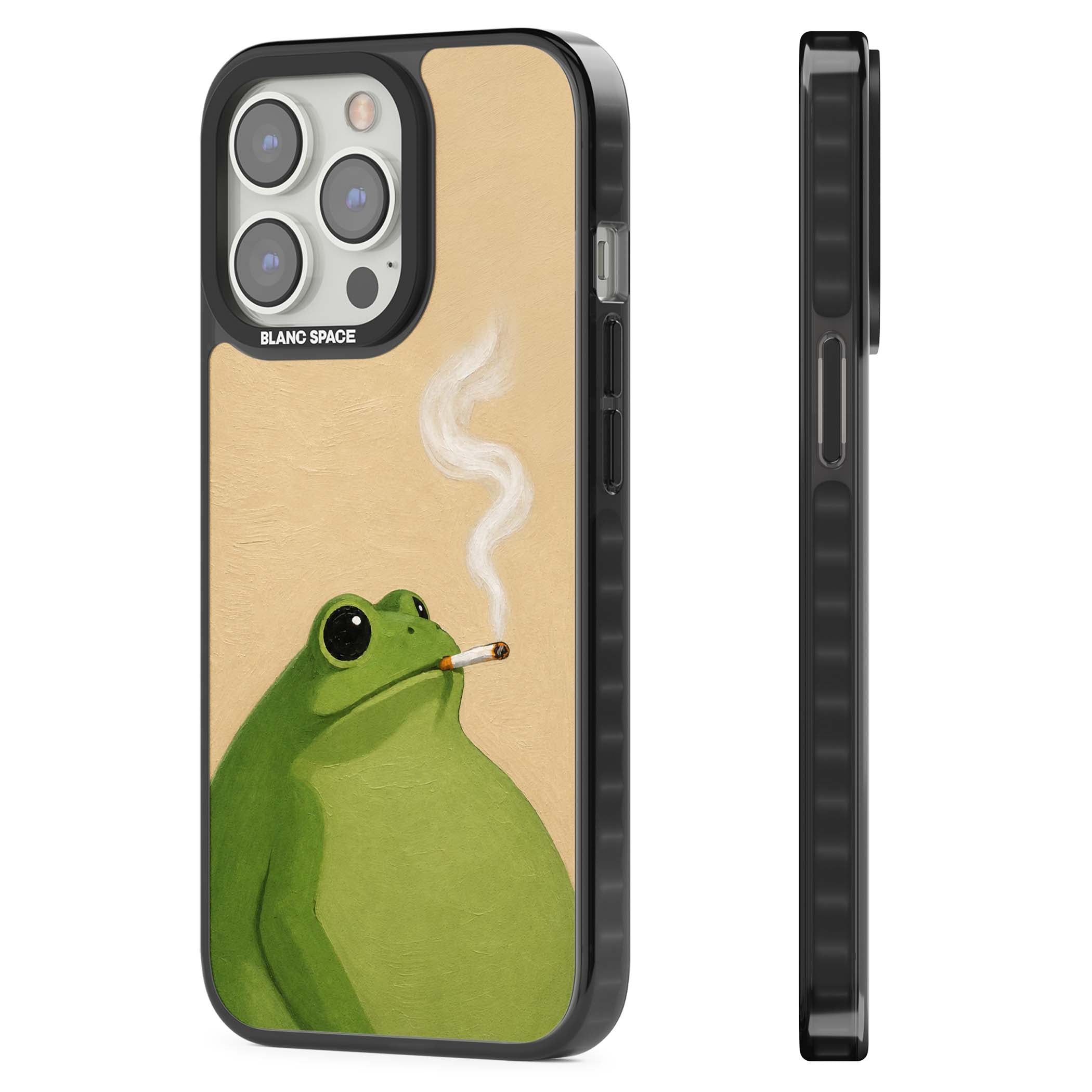 The Smoking Frog cottagecore iPhone case featuring a hand-painted green frog smoking a cigarette on a cream oil painting back | Black Impact Magsafe case for iPhone 13 Pro, iPhone 14 Pro, iPhone 15 Pro