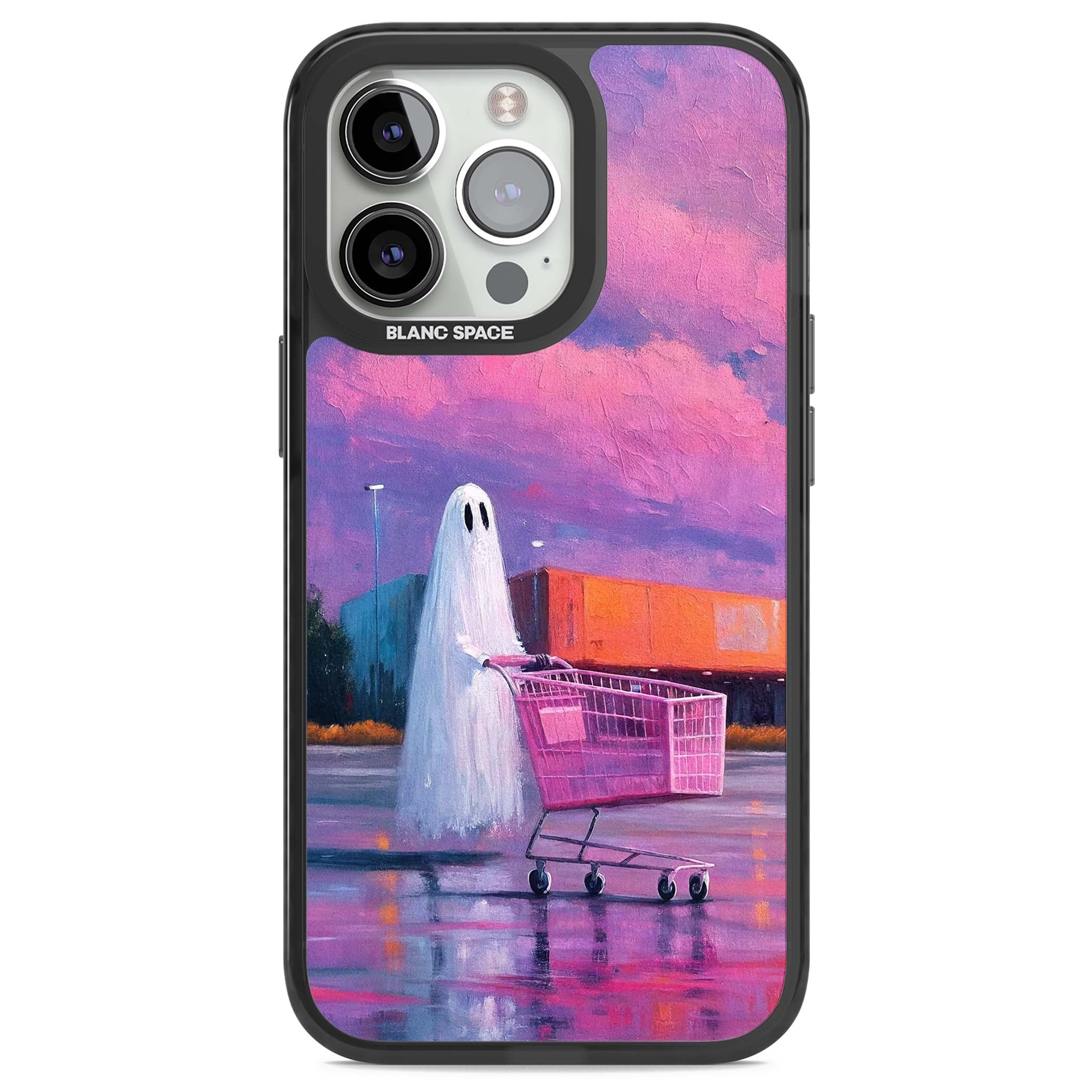 A Ghost's Errand ghost halloween iPhone case featuring a painted ghost, pink shopping trolley and purple sunset sky | Black Impact Magsafe case for iPhone 13 Pro, iPhone 14 Pro, iPhone 15 Pro