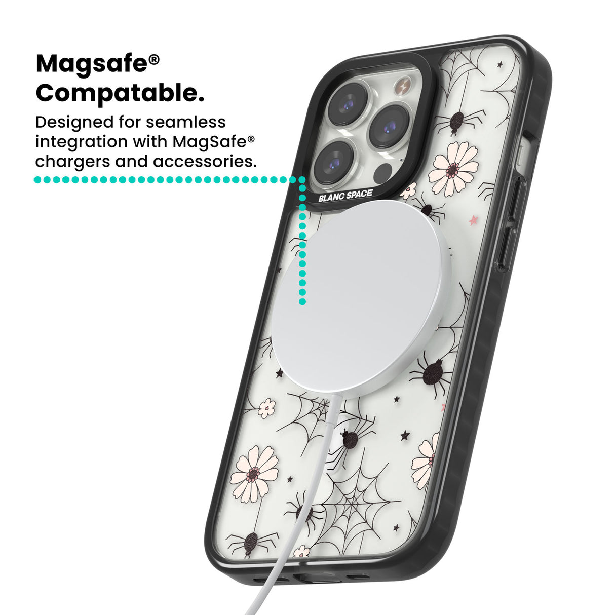 Spiders and Flowers Pattern Magsafe Black Impact Phone Case for iPhone 13 Pro, iPhone 14 Pro, iPhone 15 Pro