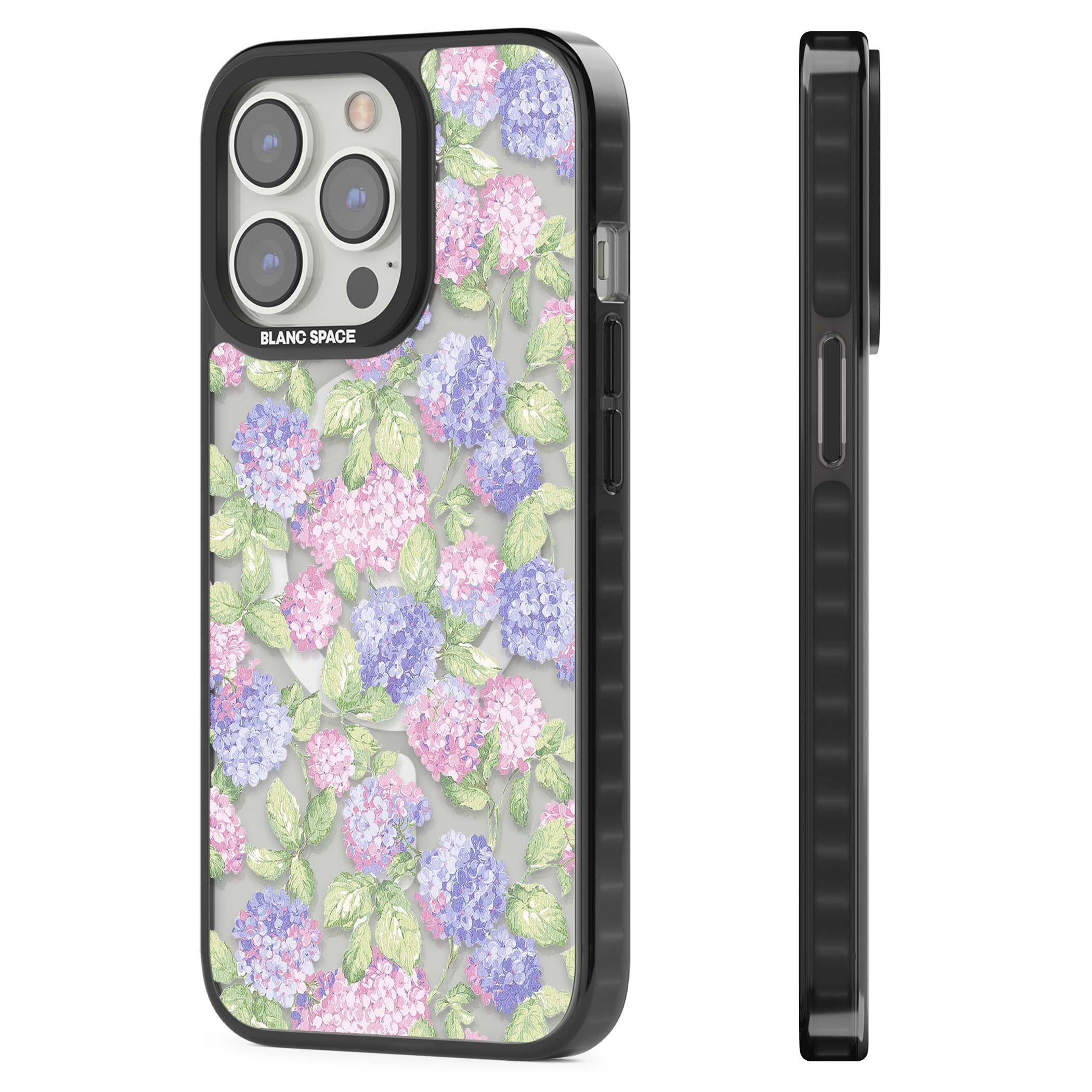 Cottage Hydrangea cottagecore iPhone case featuring pink and purple hydrangea blooms with green leaves on a clear background | Black Impact Magsafe case for iPhone 13 Pro, iPhone 14 Pro, iPhone 15 Pro